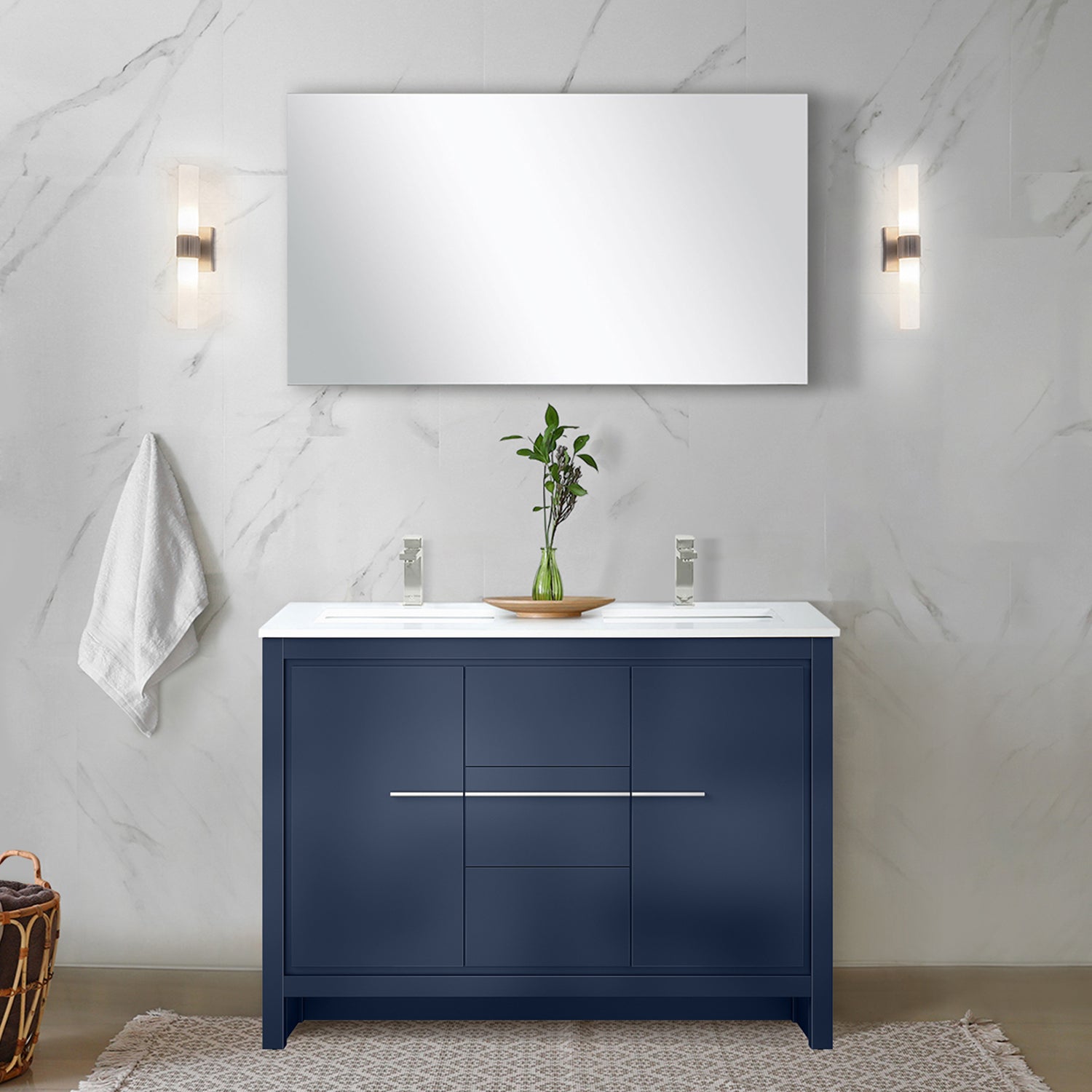 Navy Blue Double Bath Vanity 48 in. W x 20 in. D, White Quartz Top and Brushed Nickel Faucet Set
