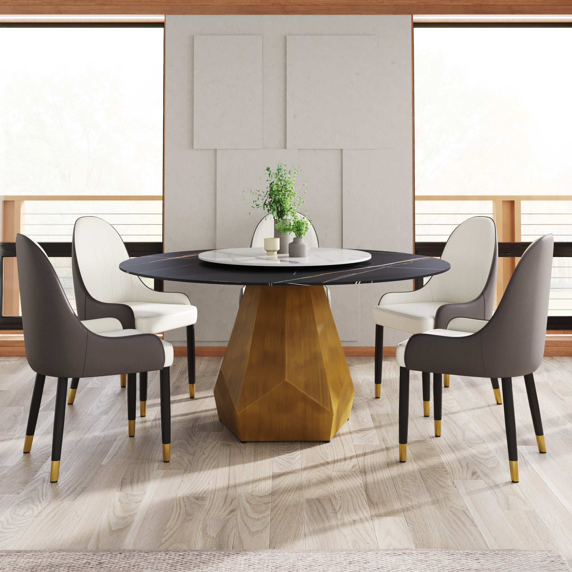 59.05' Round Marble Dining Table with Metal Base, Artificial Marble for 6-8 People, 31.5'White Artificial Stone Turntable,White&Black (Dining Table Only)