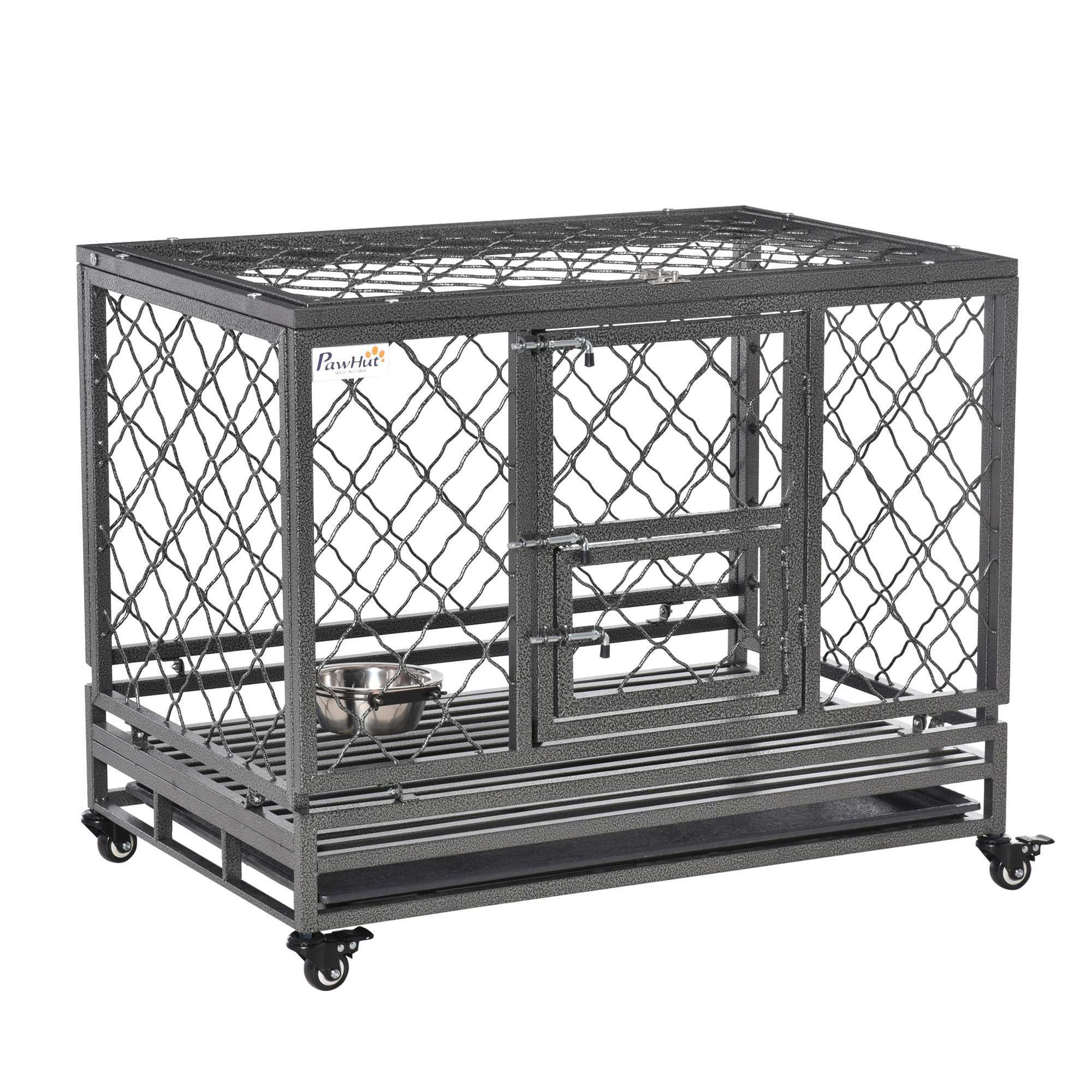 PawHut Heavy Duty Dog Crate Metal Kennel and Cage Dog Playpen with Lockable Wheels, Slide-out Tray, Food Bowl and Double Doors, 36.5'L