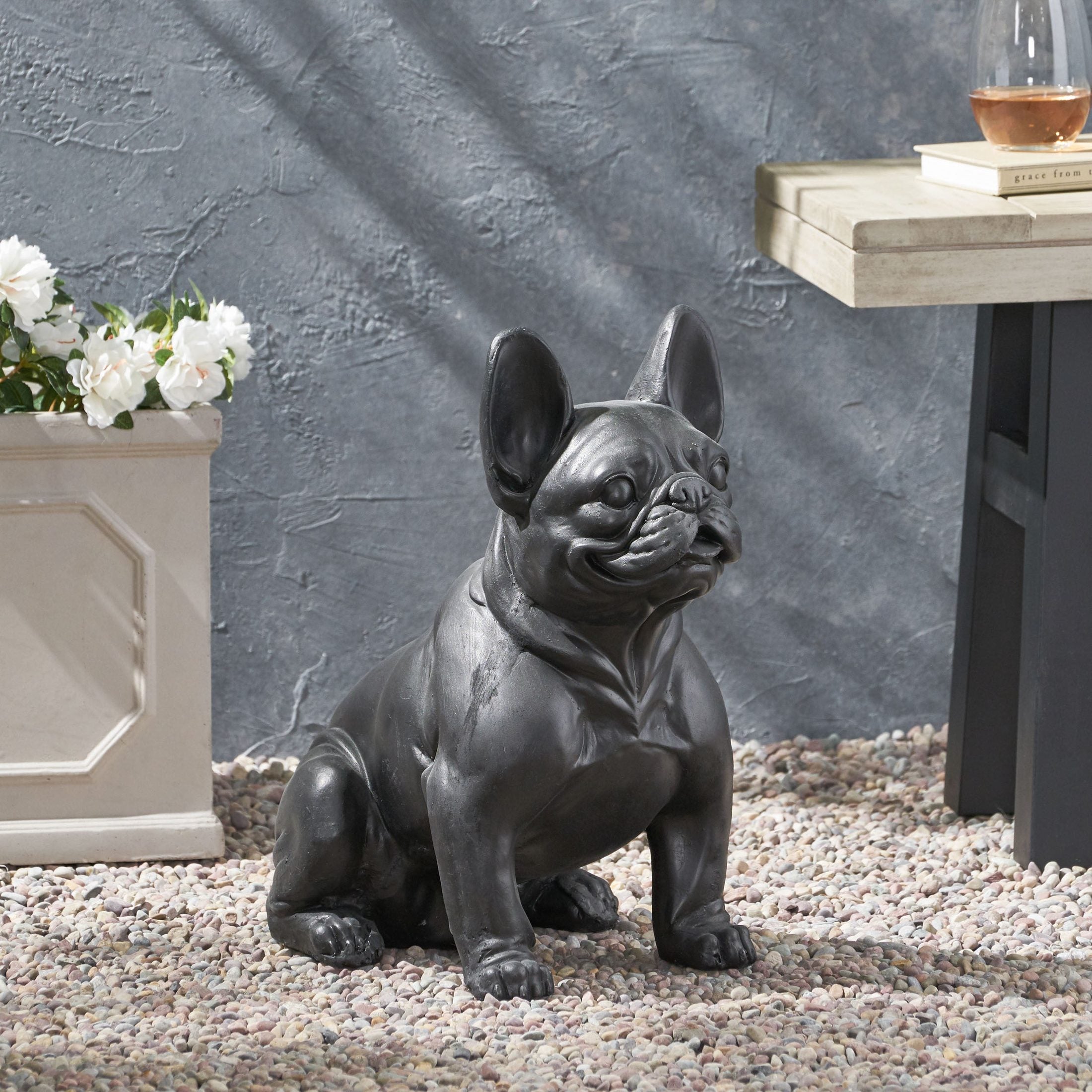 DOG GARDEN SCULPTURE, Outdoor French Bulldog Garden Statue, Matte Black, No Assembly Required