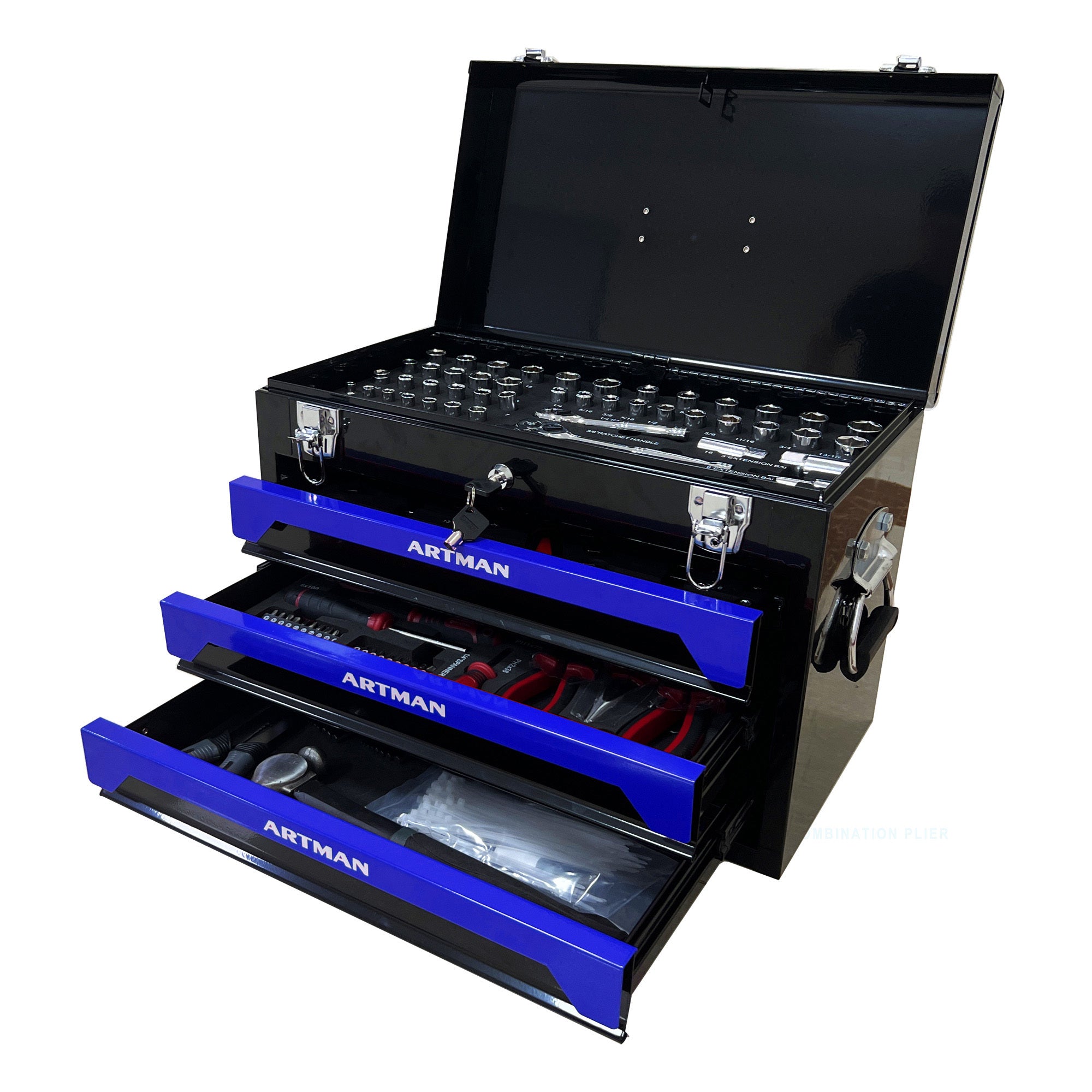 20'' Portable 3-Drawer Steel Toolbox, 4 Layers of Tools with Metal Latches, with Top Storage Tray and carrying Handle, Multi-Function Tool Storage for Garage, Home, or Workbench, Black and Blue