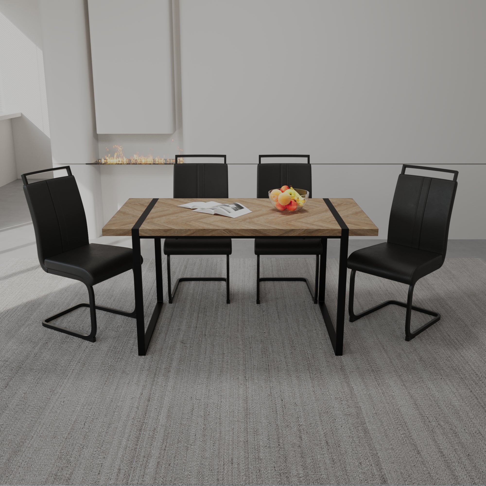 59 ' Dining Table Rural Industrial Rectangular MDF Light Wood Set and PU Armless Dining Chair Set, 4-piece. Kitchen Black Metal Table Leg Dining Chair Set