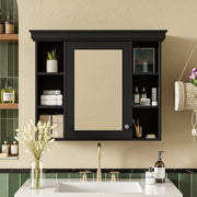 35'' x 28'' Black Wall Mounted Bathroom Storage Cabinet with Mirror Door, Modern Bathroom Wall Cabinet with Mirror, Medicine Cabinet with 6 Open Shelves