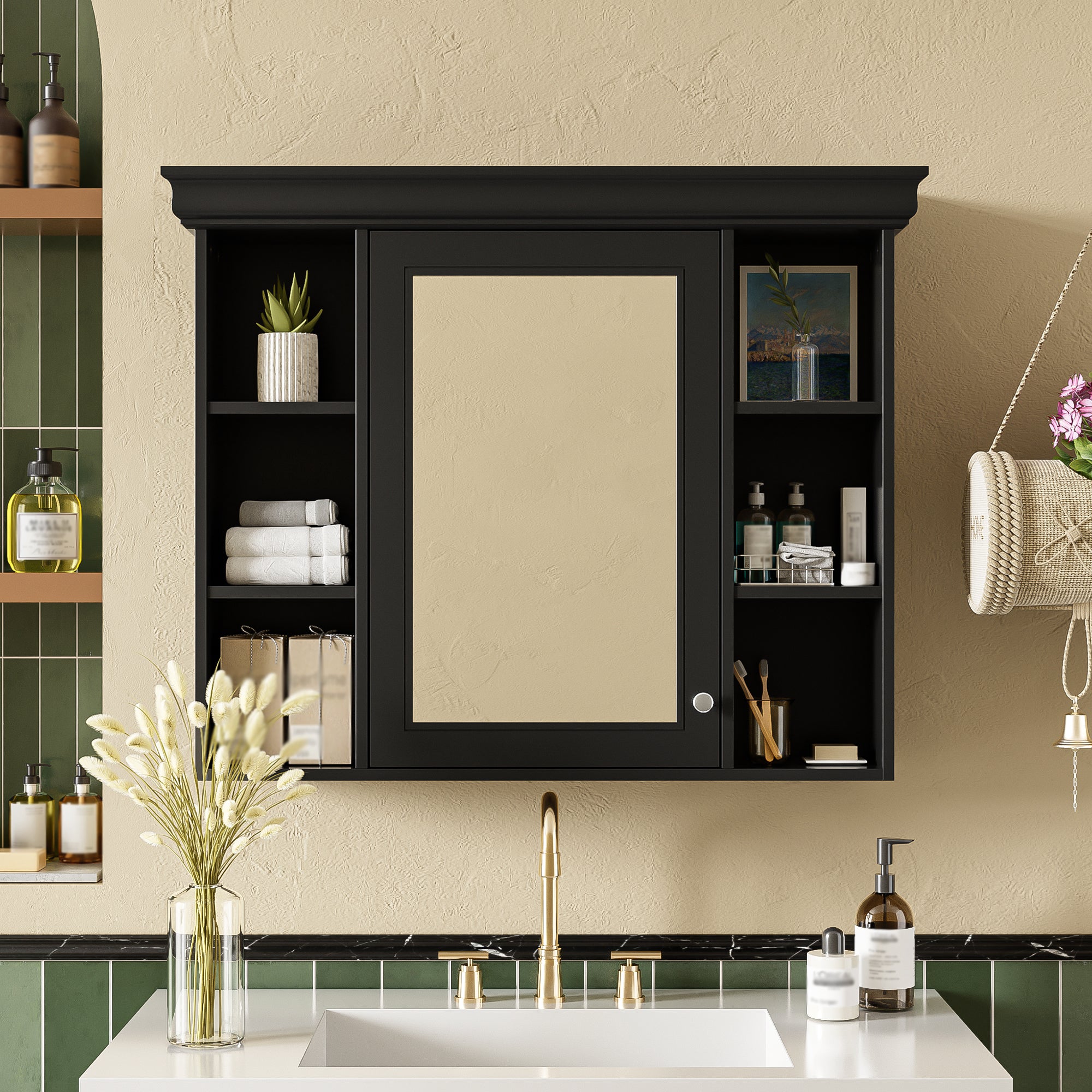35'' x 28'' Black Wall Mounted Bathroom Storage Cabinet with Mirror Door, Modern Bathroom Wall Cabinet with Mirror, Medicine Cabinet with 6 Open Shelves
