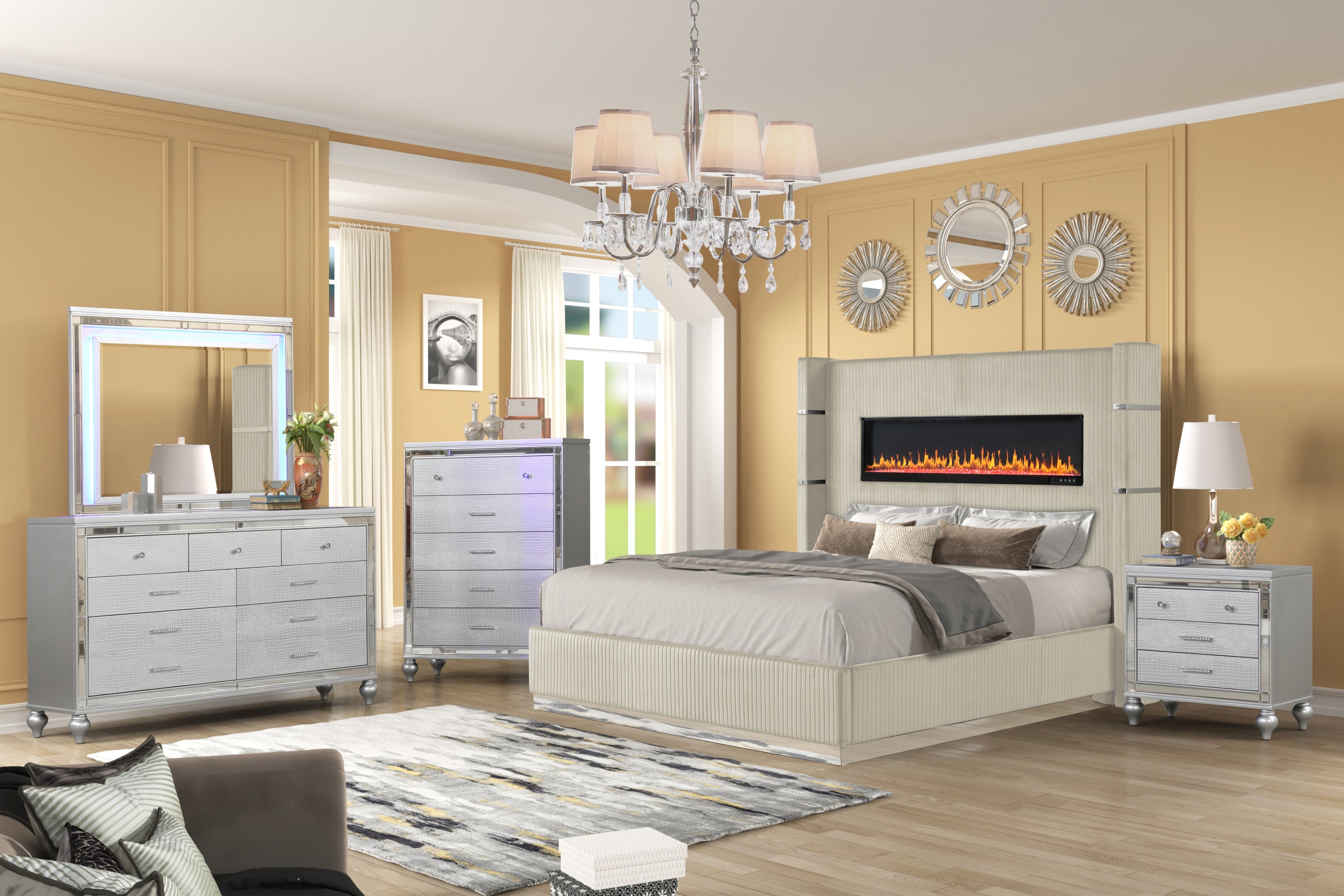 LIZZELLE Upholstery Wooden King 5 PC Bedroom set with Ambient lighting in Beige Velvet Finish(CA INVENTORY)