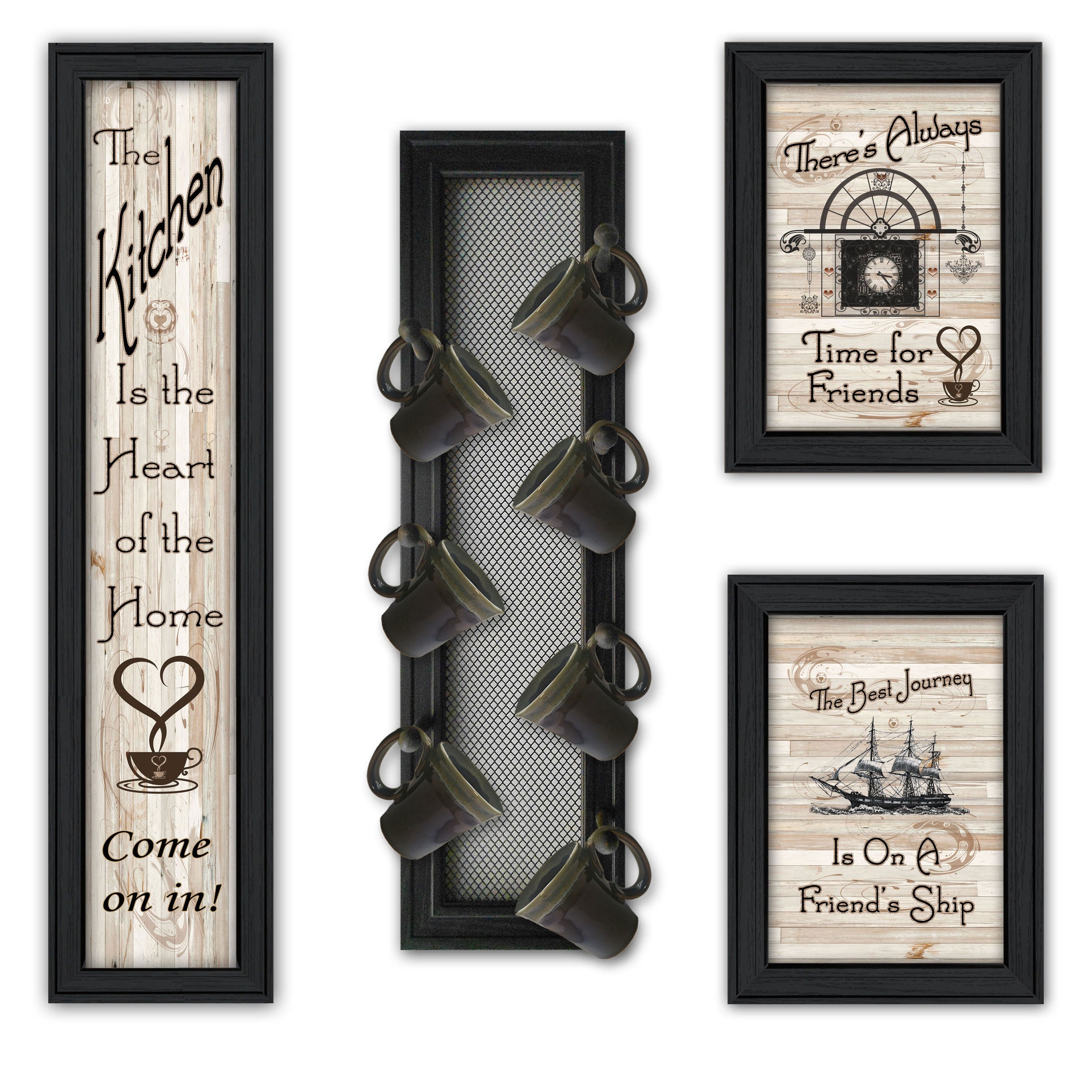 'Kitchen Collection VII' 4-Piece Vignette with 7-Peg Mug Rack by Millwork Engineering, Black Frame