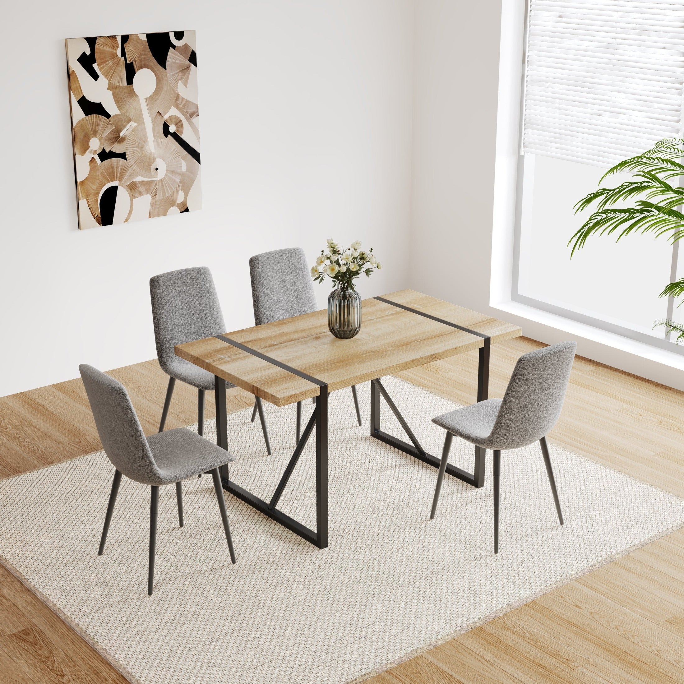 55' MDF Wood Colour Dining Table and Modern Dining Chair Set of 4, Mid Century Wooden Kitchen Table Set, Metal Base & Legs, Dining Room Table and Linen Chairs