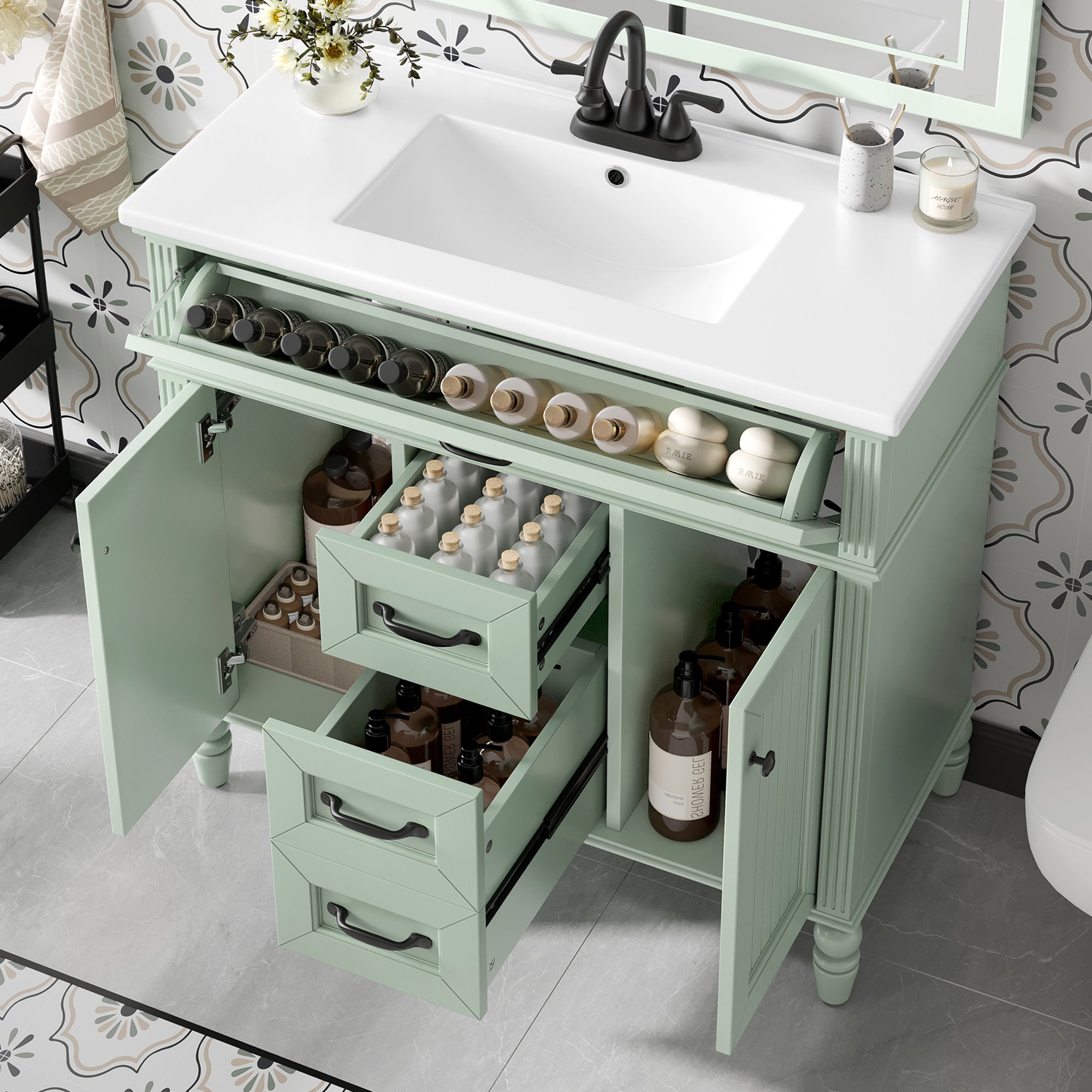 36 Inch Bathroom Vanity with Sink Combo, Green Freestanding Cabinet with Ceramic Basin, MDF + Solid Wood Frame, Flip-Out Top Drawer, Soft Close Doors, 2 Storage Drawers, Black Handles