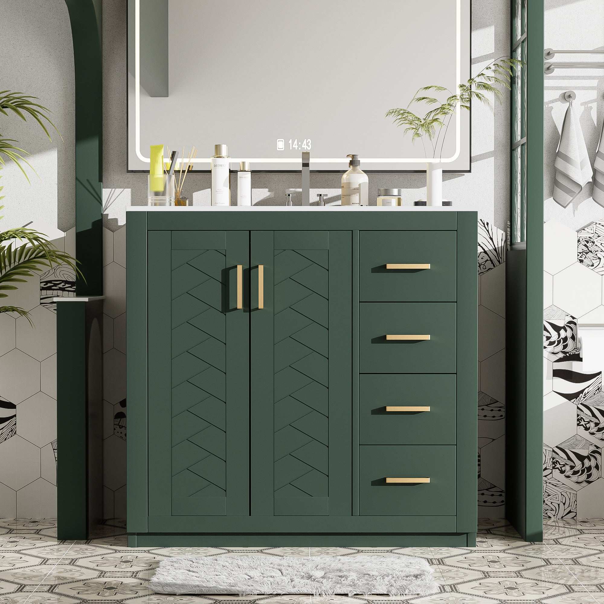 36'' Bathroom Vanity with Ceramic Sink Combo, Solid Wood Frame Bathroom Storage Cabinet, Freestanding Vanity Set with 3 Drawers& Soft Closing Doors