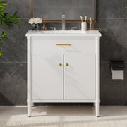 31' Bathroom Vanity with Sink, Bathroom Cabinet with Soft Close Doors and Adjustable Shelf, Curved Profile Design, Rubber Wood Legs, White