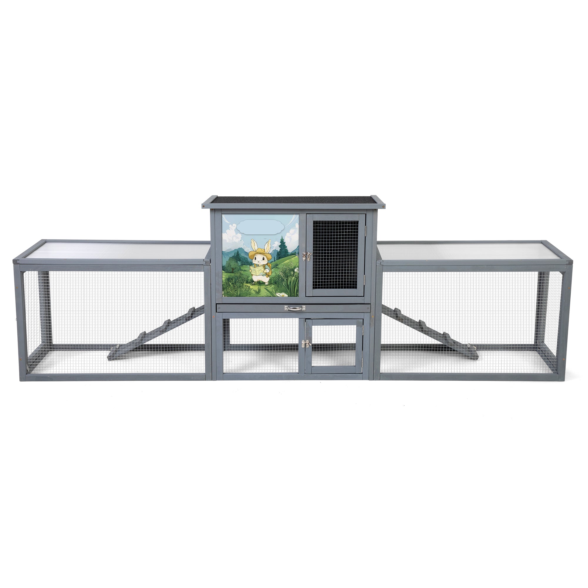 Large 2-Story Outdoor Rabbit Hutch, Bunny House with Dual Runs, Resting Room, PC Sun Roof, Pull-Out Tray, Ramps & Doors, Weatherproof Guinea Pig Cage Enclosure, Gray with Colorful Patterns