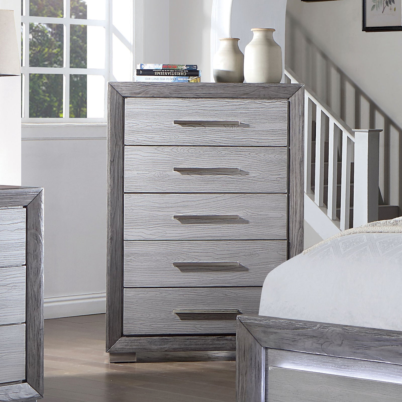 1pc Chest Transitional Style Bracket Legs Metal Ball Bearing Glides Bar Handles Gray Finish