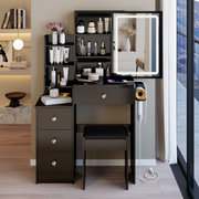 29.2' Small Size Left Bedside Cabinet Vanity Table + Cushioned Stool, 2 AC+2 USB Power Station, Hair dryer bracket, Extra Large Touch Control Sliding LED Mirror, Tri-color Switching, Brightness Adjust