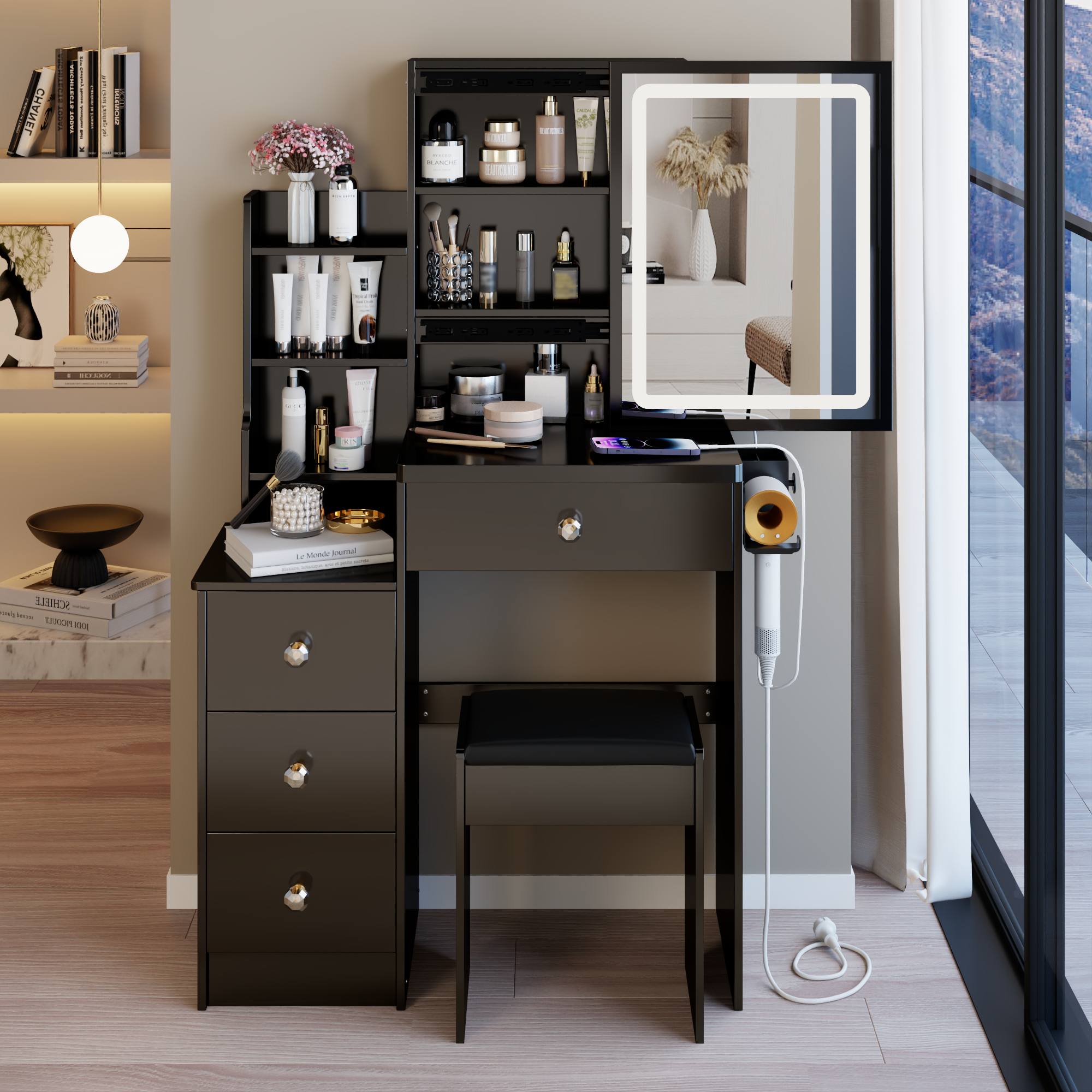 29.2' Small Size Left Bedside Cabinet Vanity Table + Cushioned Stool, 2 AC+2 USB Power Station, Hair dryer bracket, Extra Large Touch Control Sliding LED Mirror, Tri-color Switching, Brightness Adjust