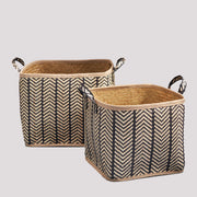 Square Palm Leaf Woven Wicker Storage Basket with Handles Set of 2 - 14' x 14' x 15' and 16' x 16' x 17' - Back and Brown - For Clothes, Towels, Blankets, Toys, Books Storage, Picnic and Home