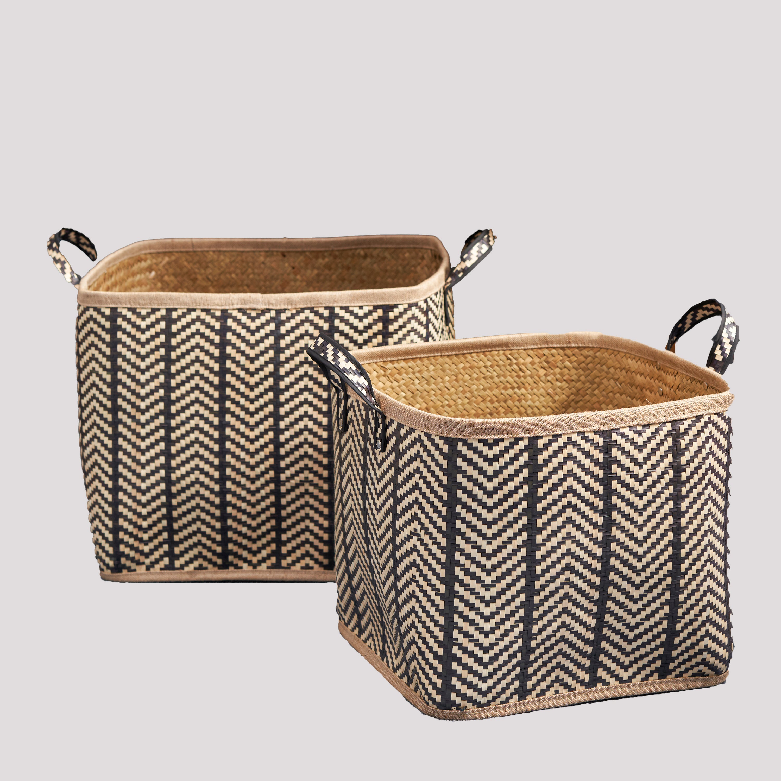 Square Palm Leaf Woven Wicker Storage Basket with Handles Set of 2 - 14' x 14' x 15' and 16' x 16' x 17' - Back and Brown - For Clothes, Towels, Blankets, Toys, Books Storage, Picnic and Home