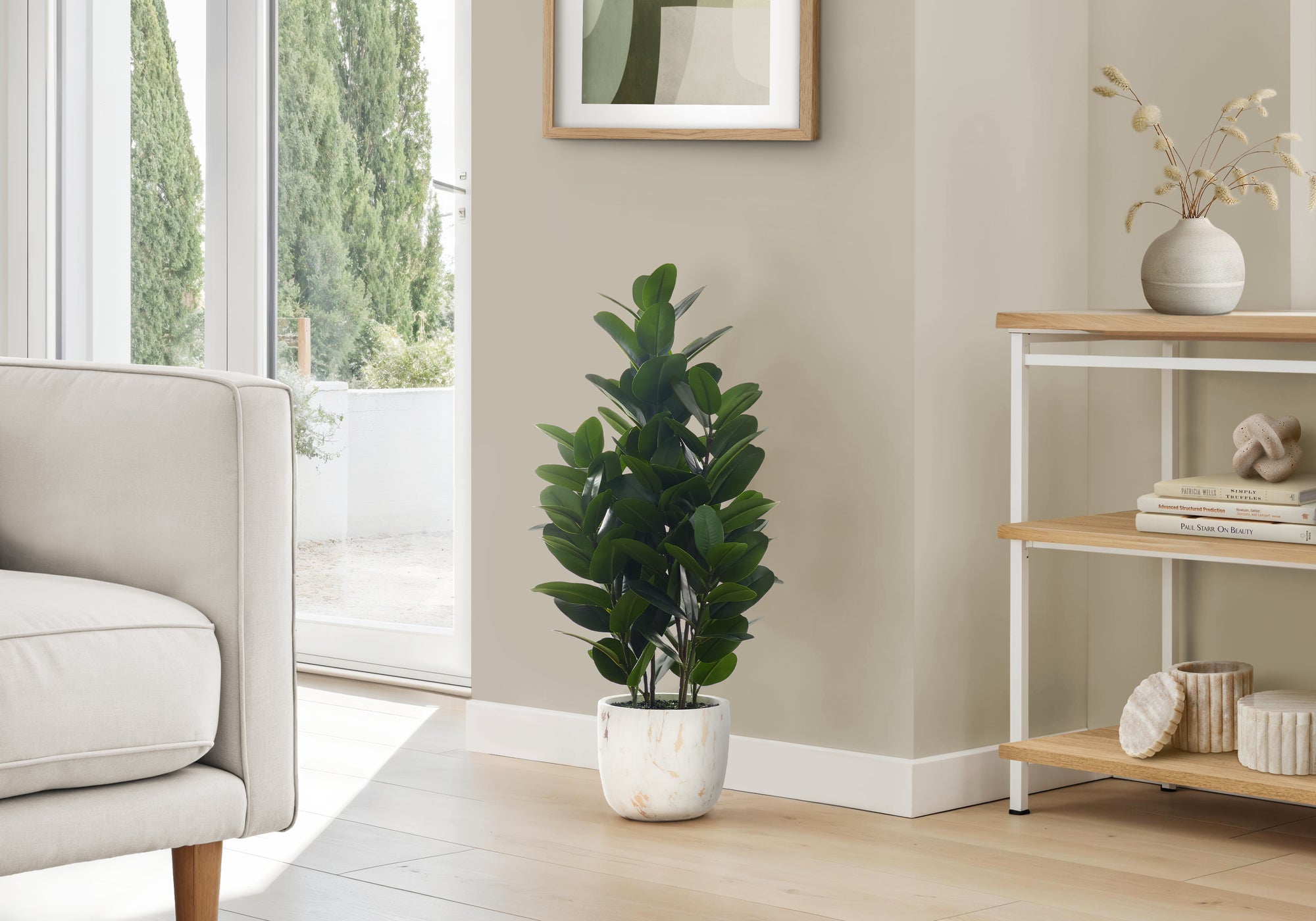 Artificial Plant, 31' Tall, Garcinia Tree, Indoor, Faux, Fake, Floor, Greenery, Potted, Real Touch, Decorative, Green Leaves, White Cement Pot