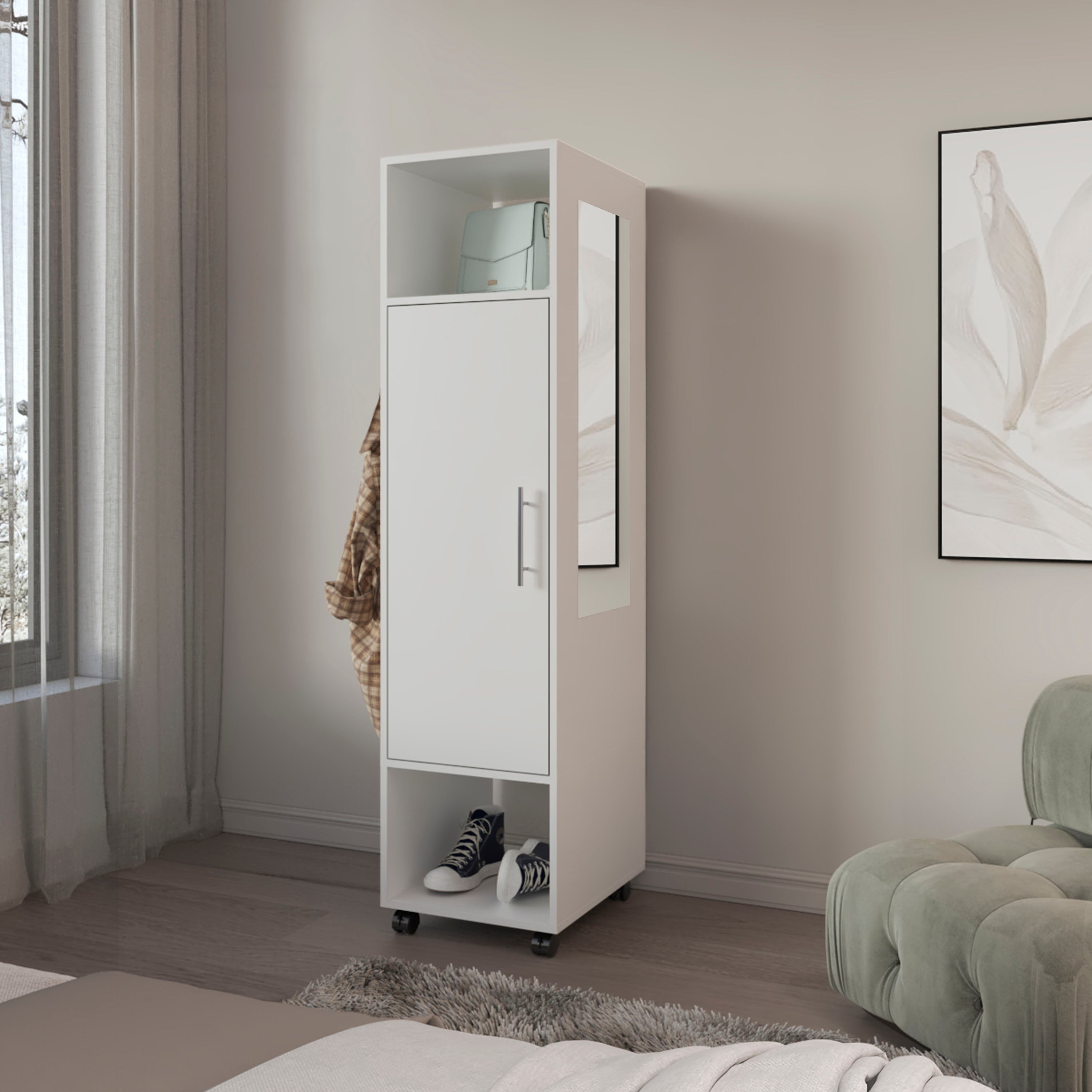 Armoire 62.9'H, with 1 Door, 3 Shelves, and Full-Length Mirror, White