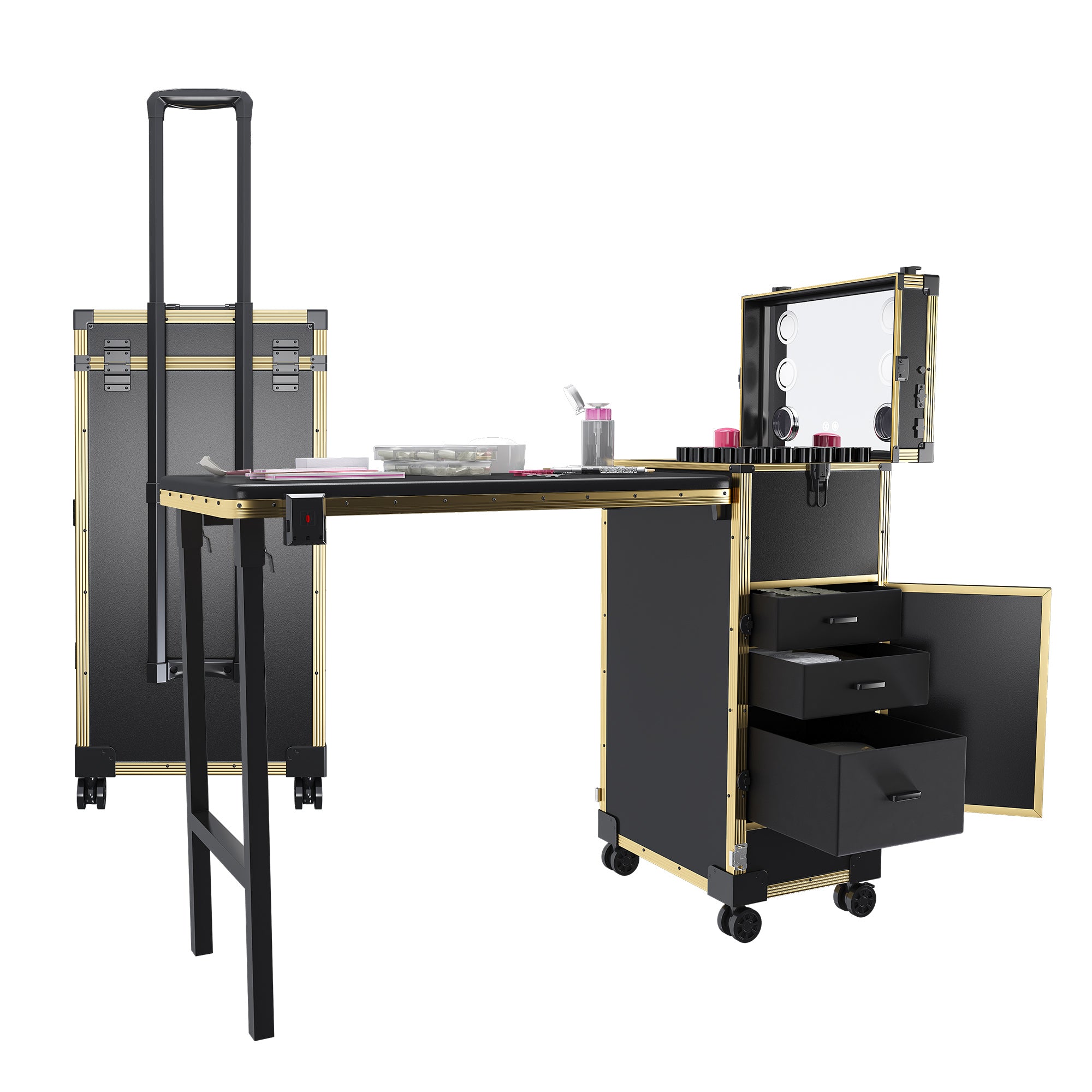 Portable Nail Art Table with LED Mirror, Bluetooth, Lockable Drawers, Telescopic Pole - Black Gold, Plastic, 15.35x12.60x27.56 inches