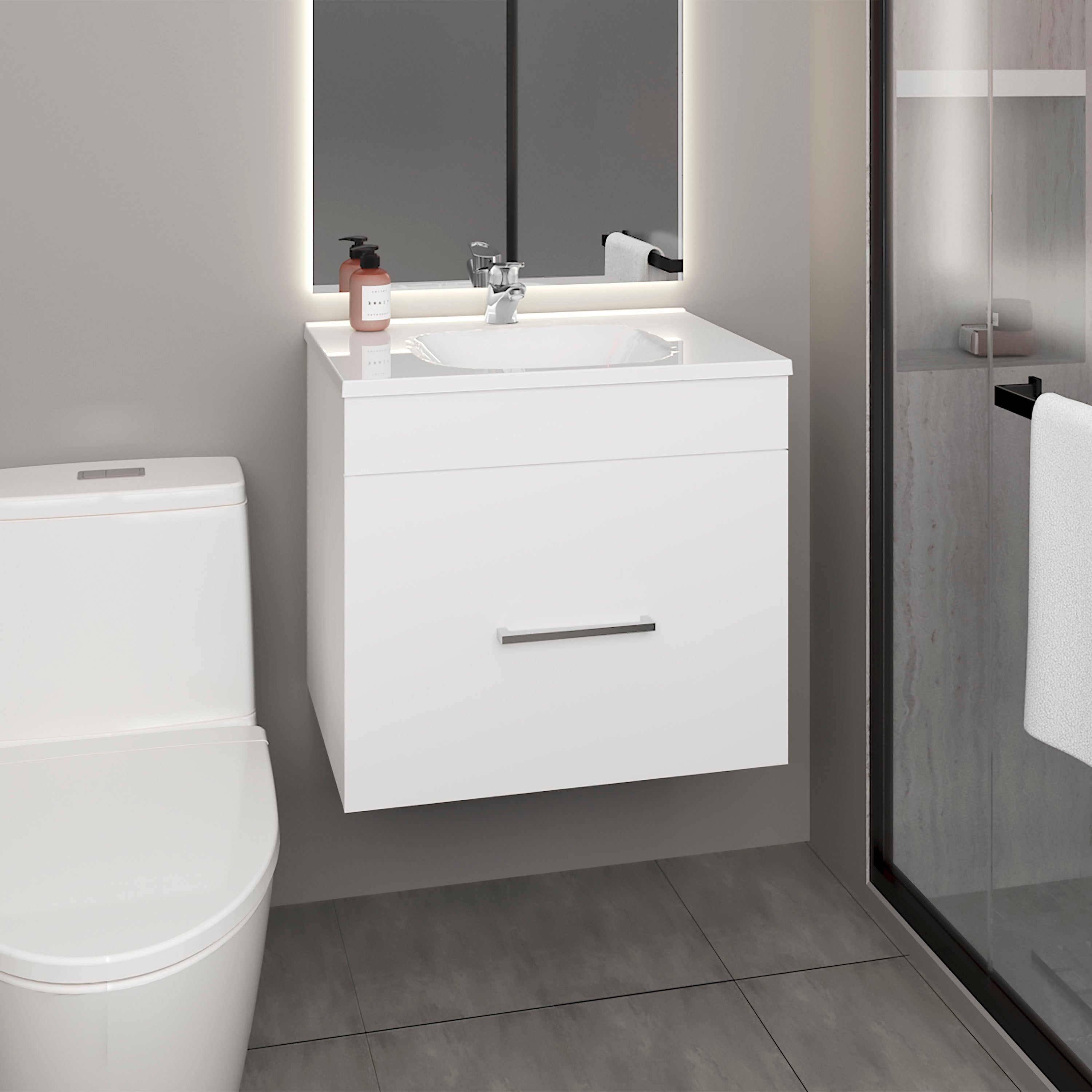 One door Batroom Vanity Hatta, Two Drawers and Open Shelf, Includes Hardware, White