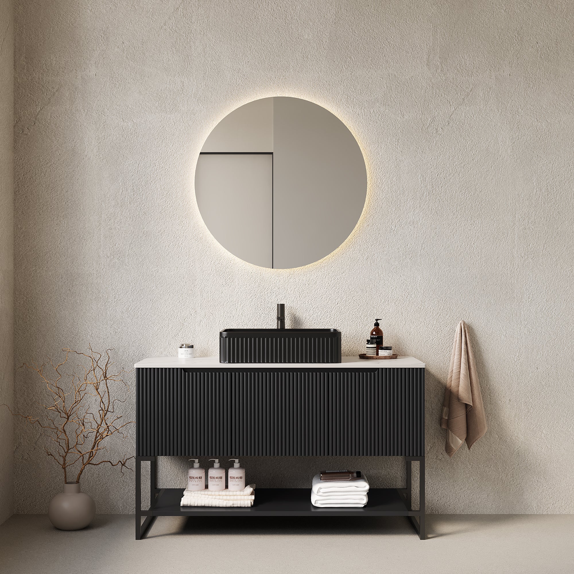 TULIO 48' Bathroom Vanity with Vessel Sink, Freestanding Bathroom Storage Cabinet with 3 Doors and Open Shelf, Black Rectangular Ceramic Basin and Carrara White Sintered Stone Counter Top, Black Color