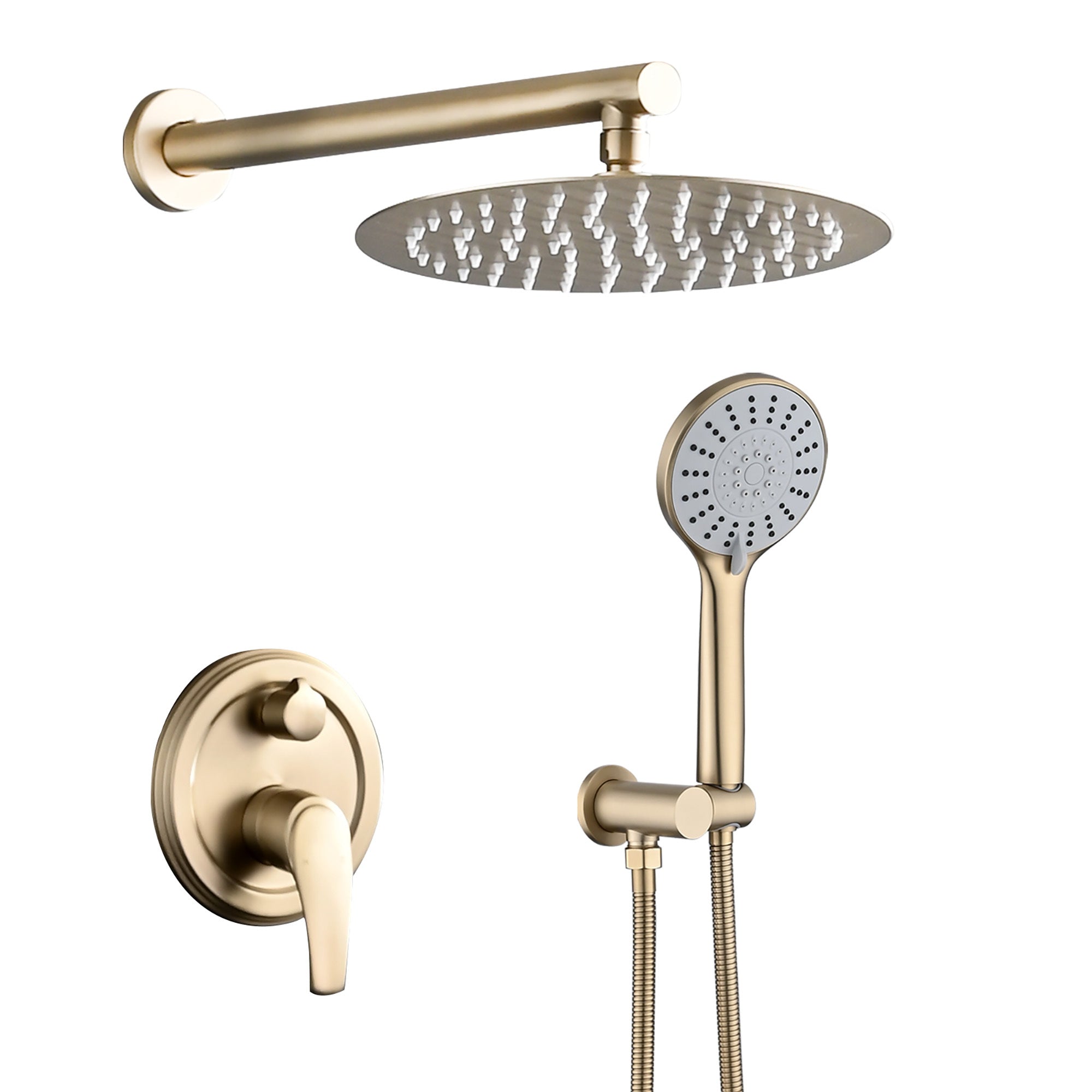 Brushed Gold Wall Mounted Shower System with High Pressure Rain Shower Head & 5-Function Handheld