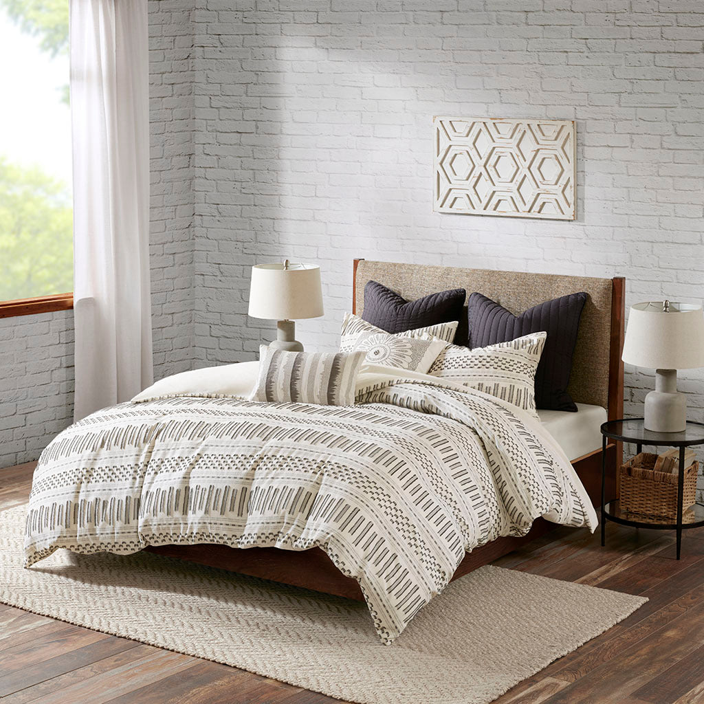 Cotton Jacquard Comforter Mini Set Ivory/Charcoal King/Cal King