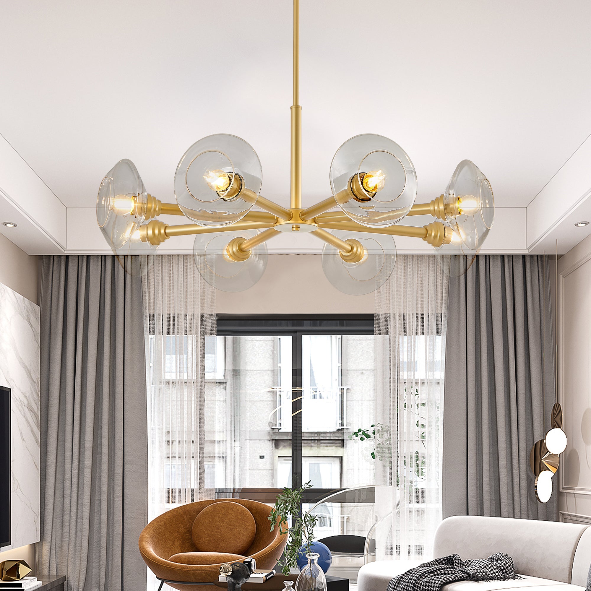 36' Modern Gold 8-Light Sputnik Chandelier with Clear Glass Shades, Mid-Century Hanging Pendant Light Fixture for Dining Room, Living Room, or Kitchen (Bulb Not Included)