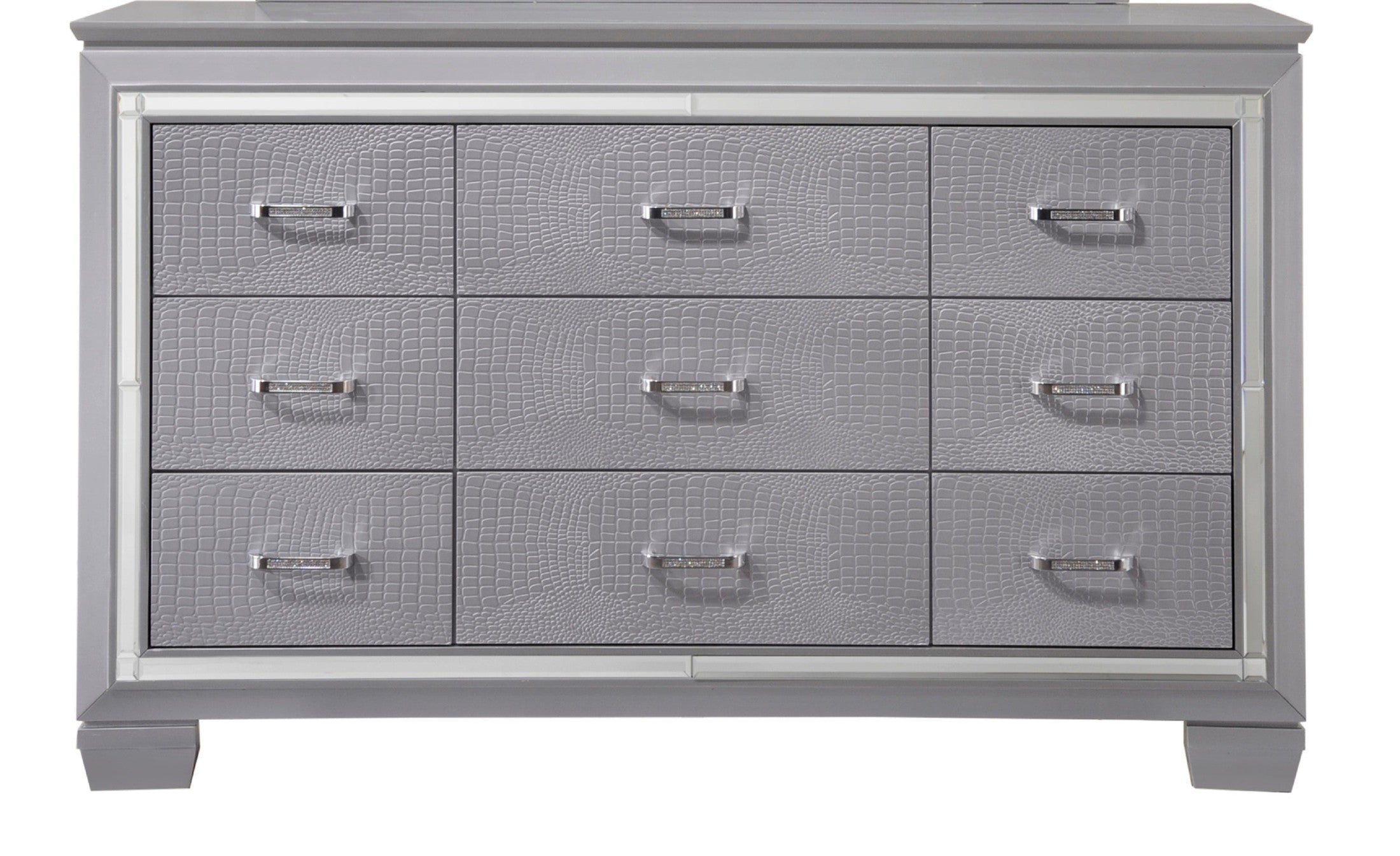 1pc Modern Nine Drawer Dresser Mirror Accents Chrome Finish Hardware Faux Crystal Accent Silver Finish