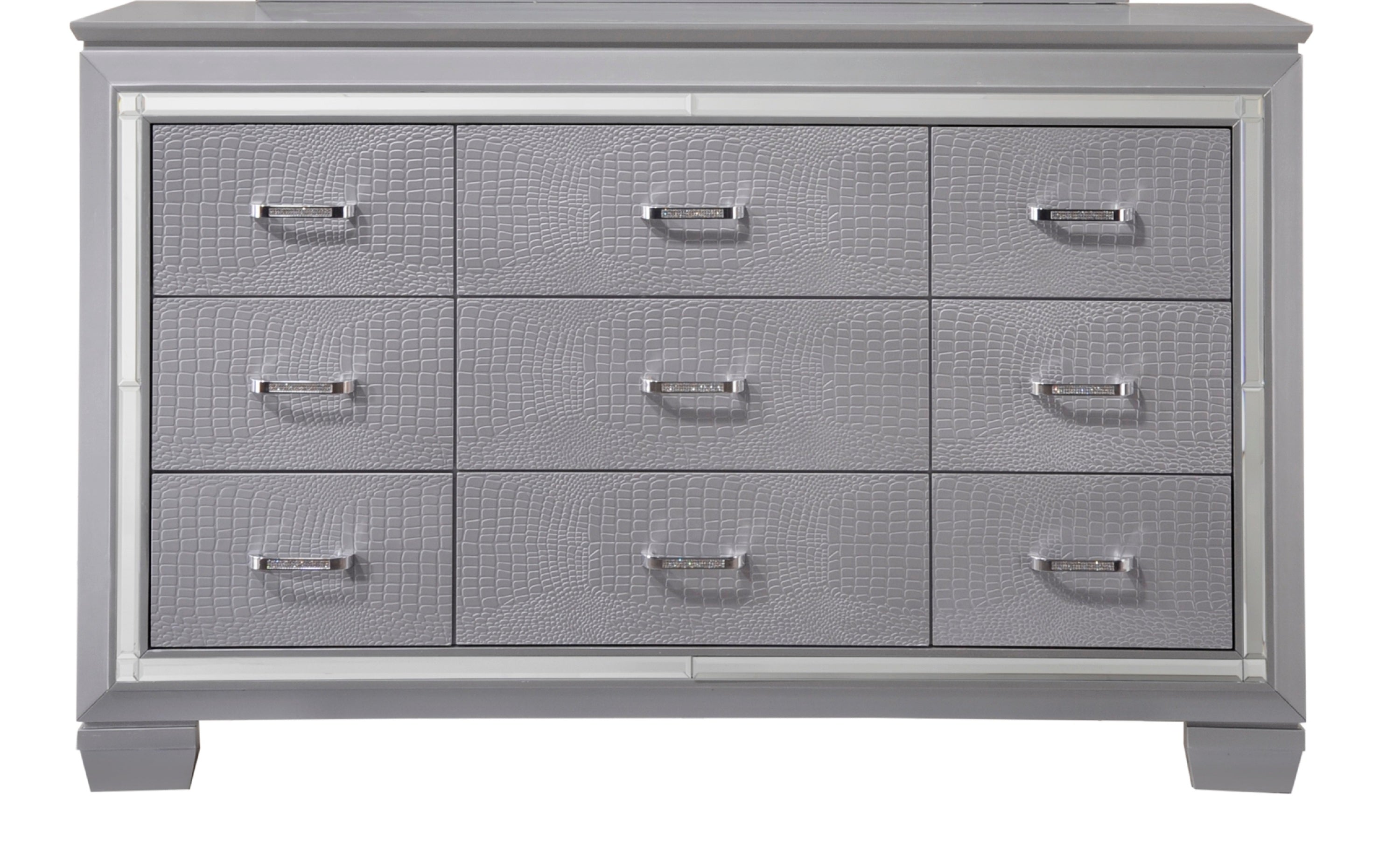 1pc Modern Nine Drawer Dresser Mirror Accents Chrome Finish Hardware Faux Crystal Accent Silver Finish