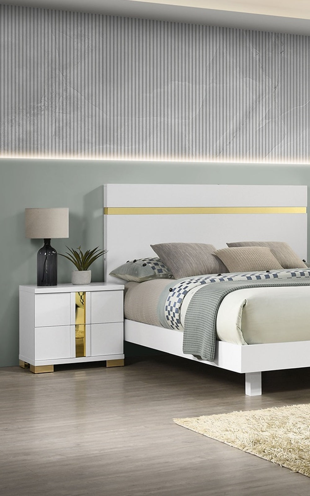 Attractive Beautiful Nightstand Bedroom Furniture White And Gold Finish Bracketed Metal Legs 1pc Bedside Table