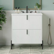 30' Bathroom Vanity with Ceramic Sink, Equipped with Vertical Pulls and Full-Extension Drawers, Freestanding Bathroom Vanity with Soft Close Drawer Slides, Fluted Design, White