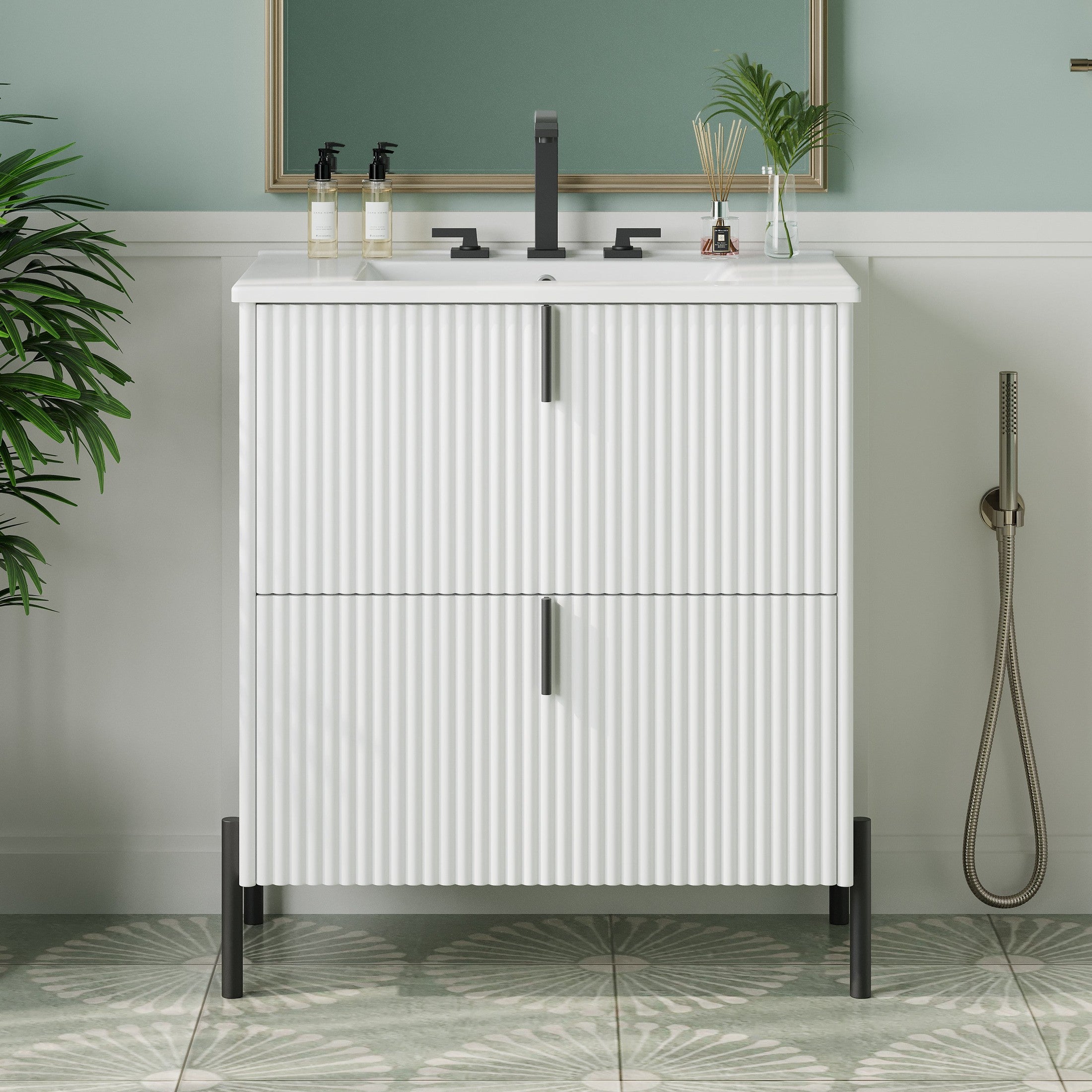 30' Bathroom Vanity with Ceramic Sink, Equipped with Vertical Pulls and Full-Extension Drawers, Freestanding Bathroom Vanity with Soft Close Drawer Slides, Fluted Design, White