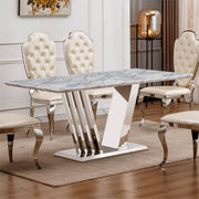 Marble Dining Table for 6 People, 70'' Rectangle Faux Marble Dining Table with Mirrored Finish Stainless Steel Base, Modern Large Size Marble Kitchen Table (Silver,Grey)(only table)