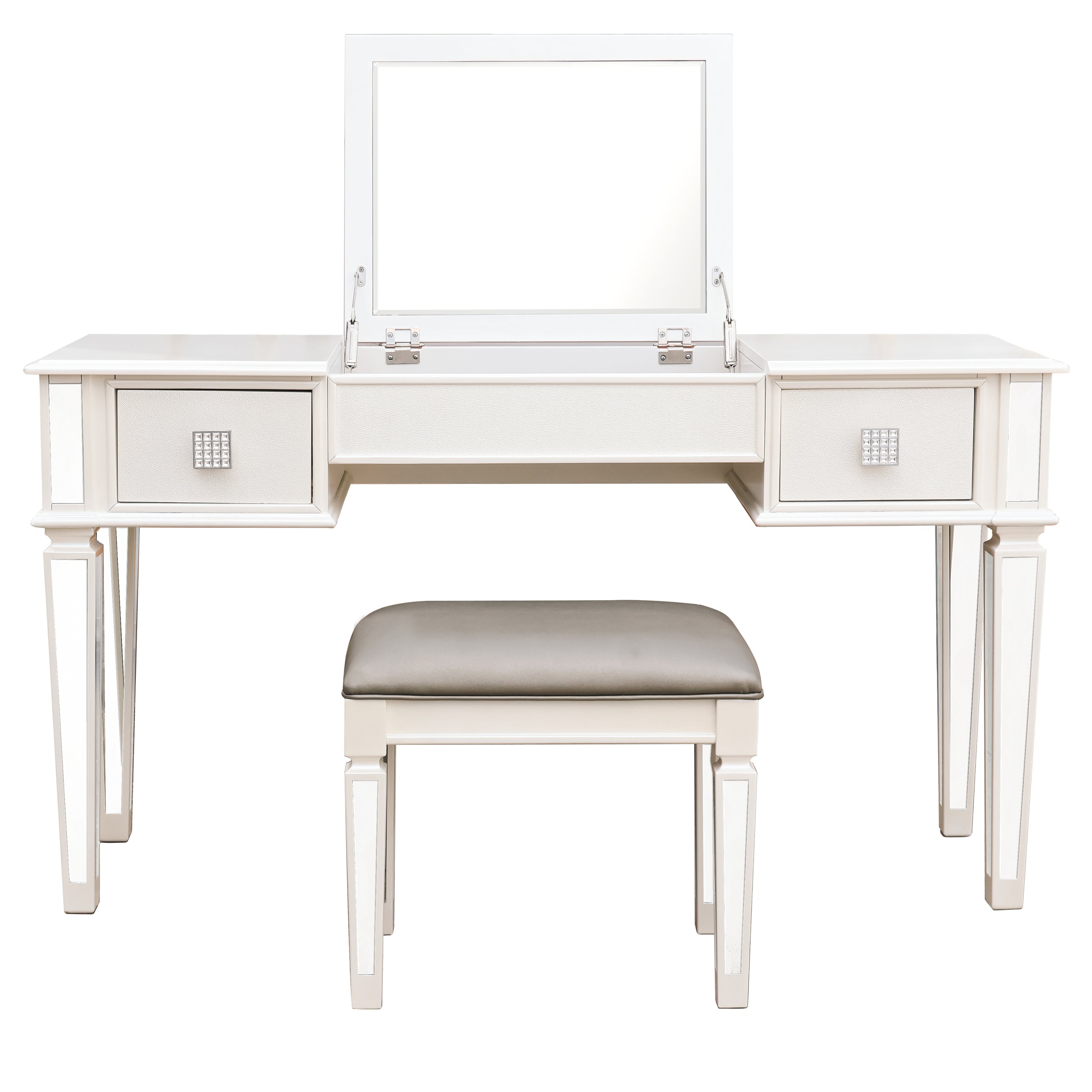 Elegant Mirrored Vanity Desk Set with Drawers and Flip-Up Mirror, Silver Finish, Glass and Wood, 54'' x 18'' x 30''