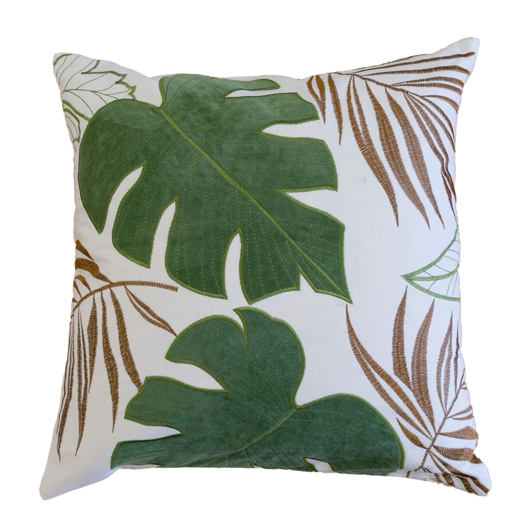 Autumn Vibes Leaf Accent Pillow in Green with Polyester Velvet Fabric and Matching Back, 20x20 Inches