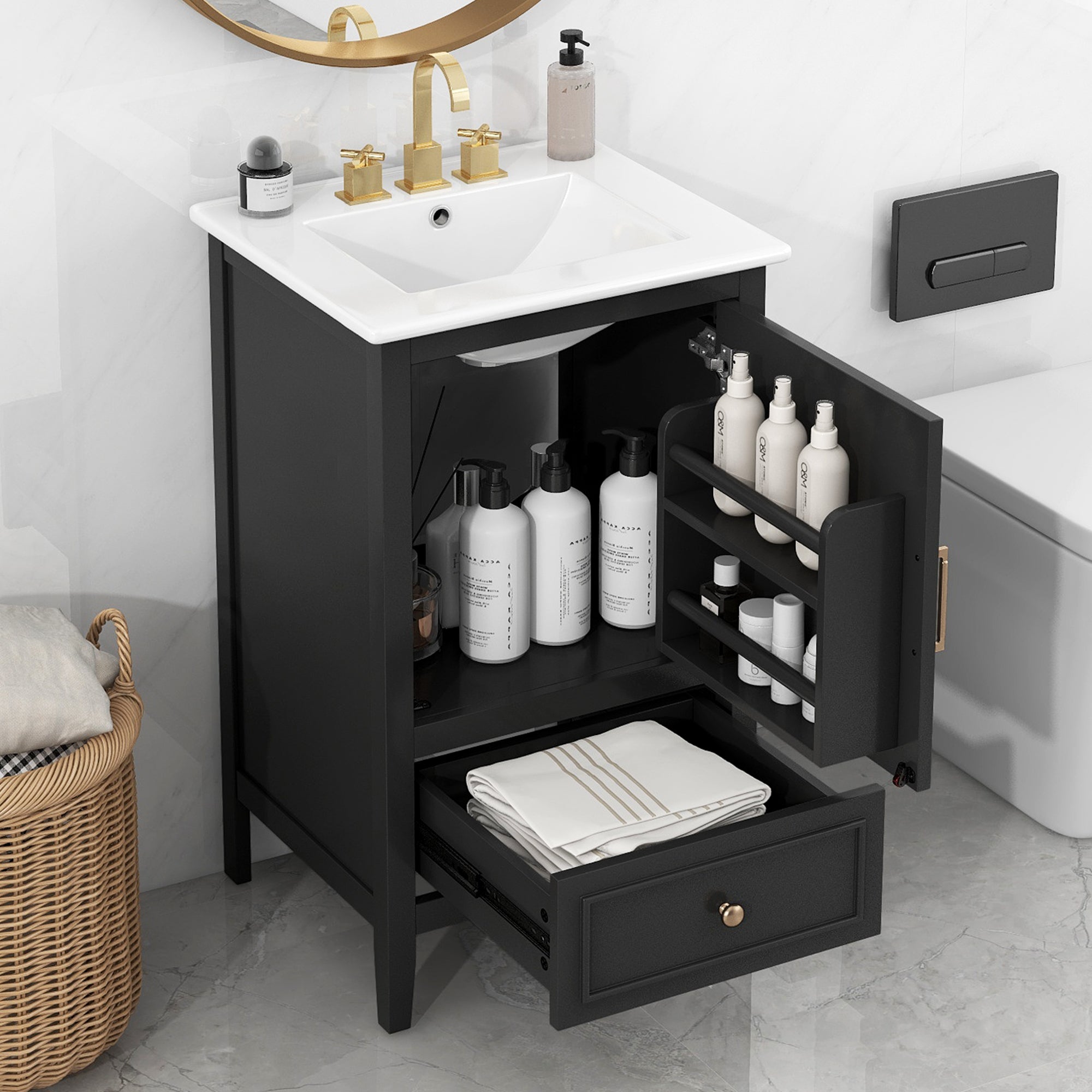 20' Bathroom Vanity with Sink, Bathroom Cabinet with A Door, Door Shelf Storage and Adiustable Foot Pads, A Drawer, Black