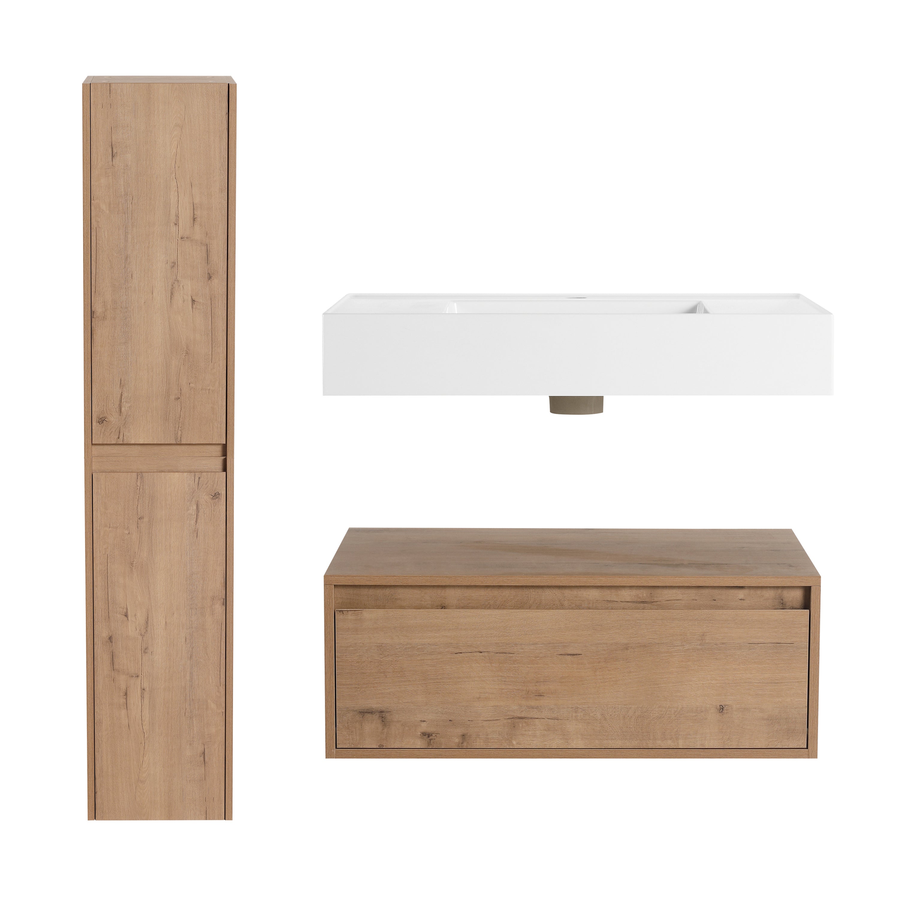 Modern Wall-Mounted 30-Inch Bathroom Vanity with Resin Sink and Two Side Cabinet in Imitative Oak