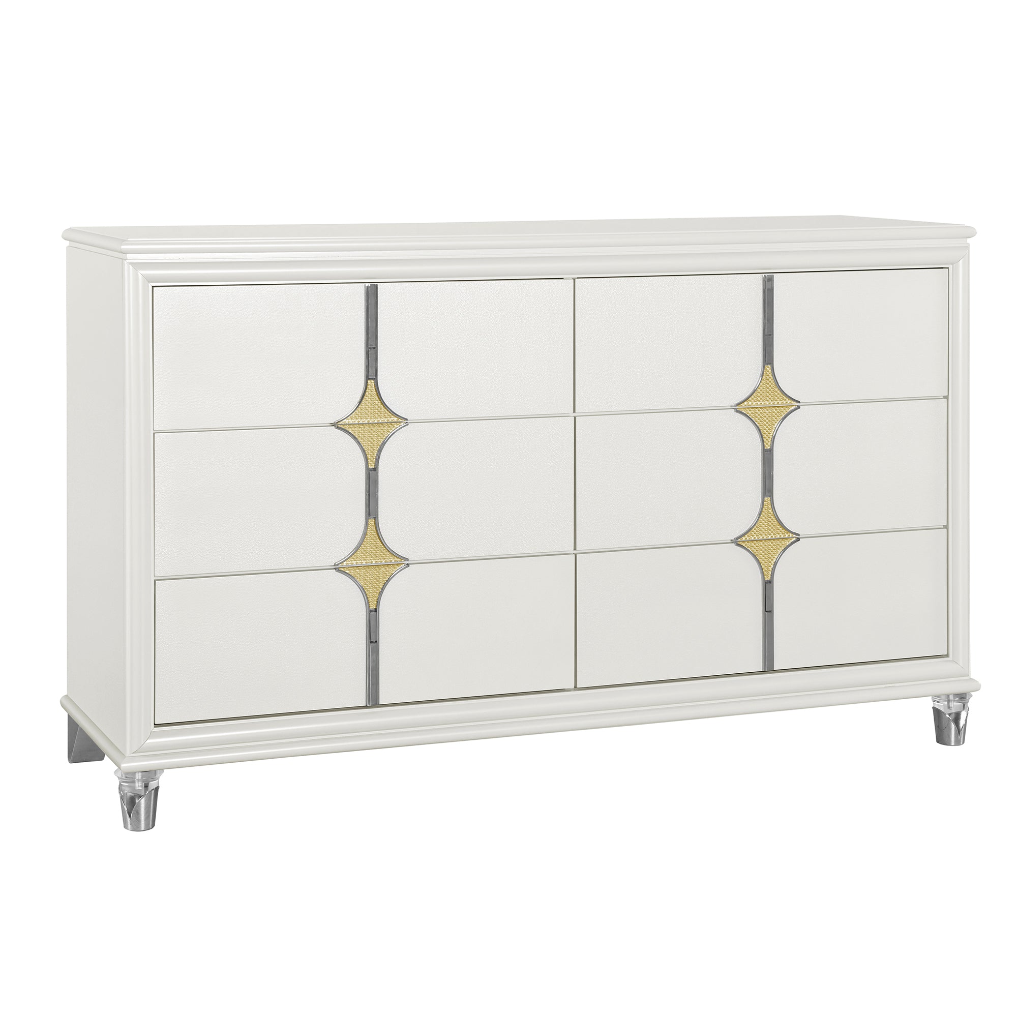 URIUNI Elegant Gold Dresser with Acrylic and Stainless Steel Accents in Solid Wood and MDF