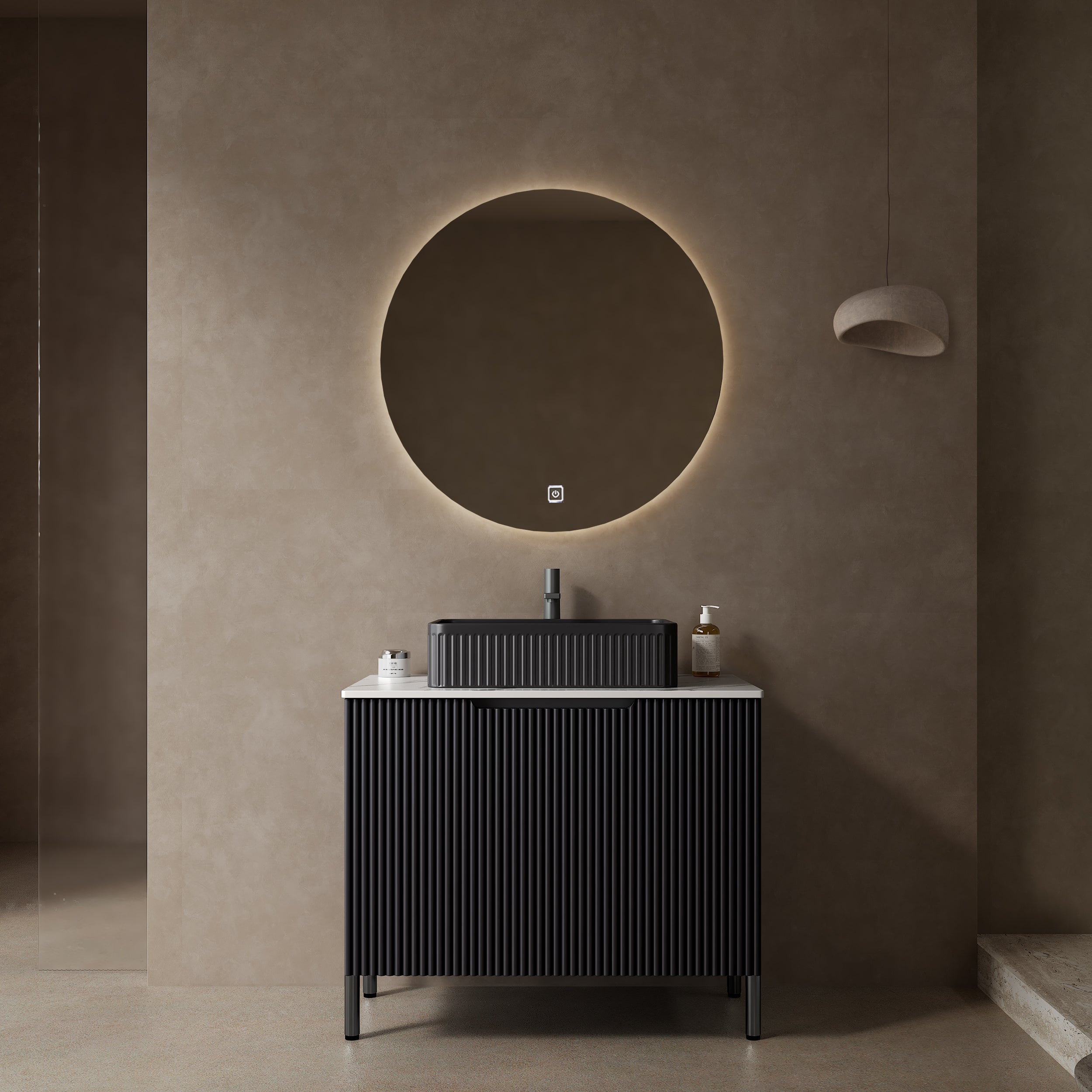TURIO 30' Bathroom Vanity with Sink, Freestanding Bathroom Storage Cabinet with 2 Doors, Black Ceramic Basin and Carrara White Counter Top, Black Color