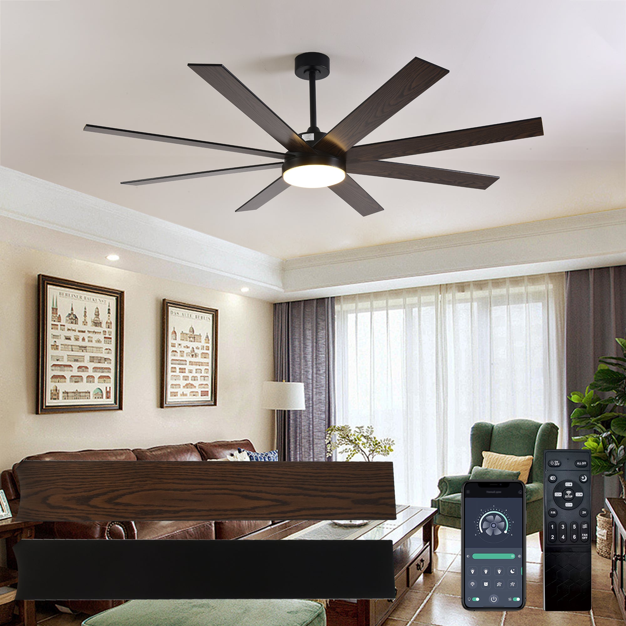 72' Ceiling Fan with Light, 6-Speed Remote Control, Reversible DC Motor, Modern 8 Blades with 6'/12'/19.5'  Downrods for Home or Commercial Black/Walnut