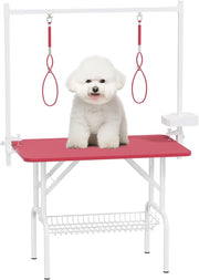 36''Large Dog Grooming Table, Foldable Pet Station at Home, Dog Grooming Table,Adjustable Cat Drying Desktop with Arms, Nooses, Mesh Tray (36Inch Pet Grooming Table Pink)