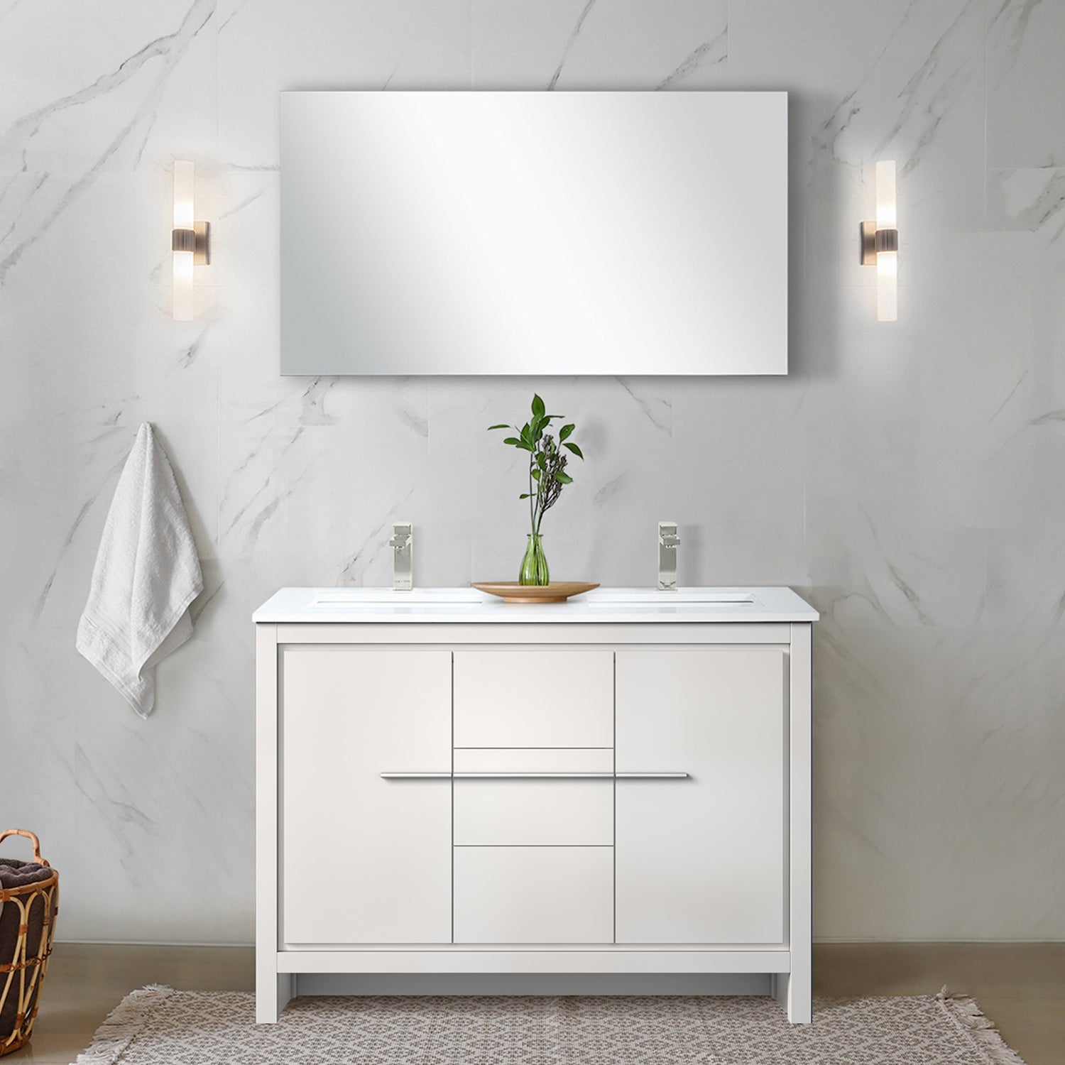 White Double Bath Vanity 48 in. W x 20 in. D, White Quartz Top and Brushed Nickel Faucet Set