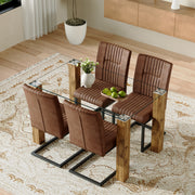 Table and chair set.A 49.6*30 Inch Transparent Tempered Glass Dining Table With Wood Grain MDF Legs.Paired With 4 Ergonomic Brown Technology Fabric Dining Chairs,Black Metal Legs.