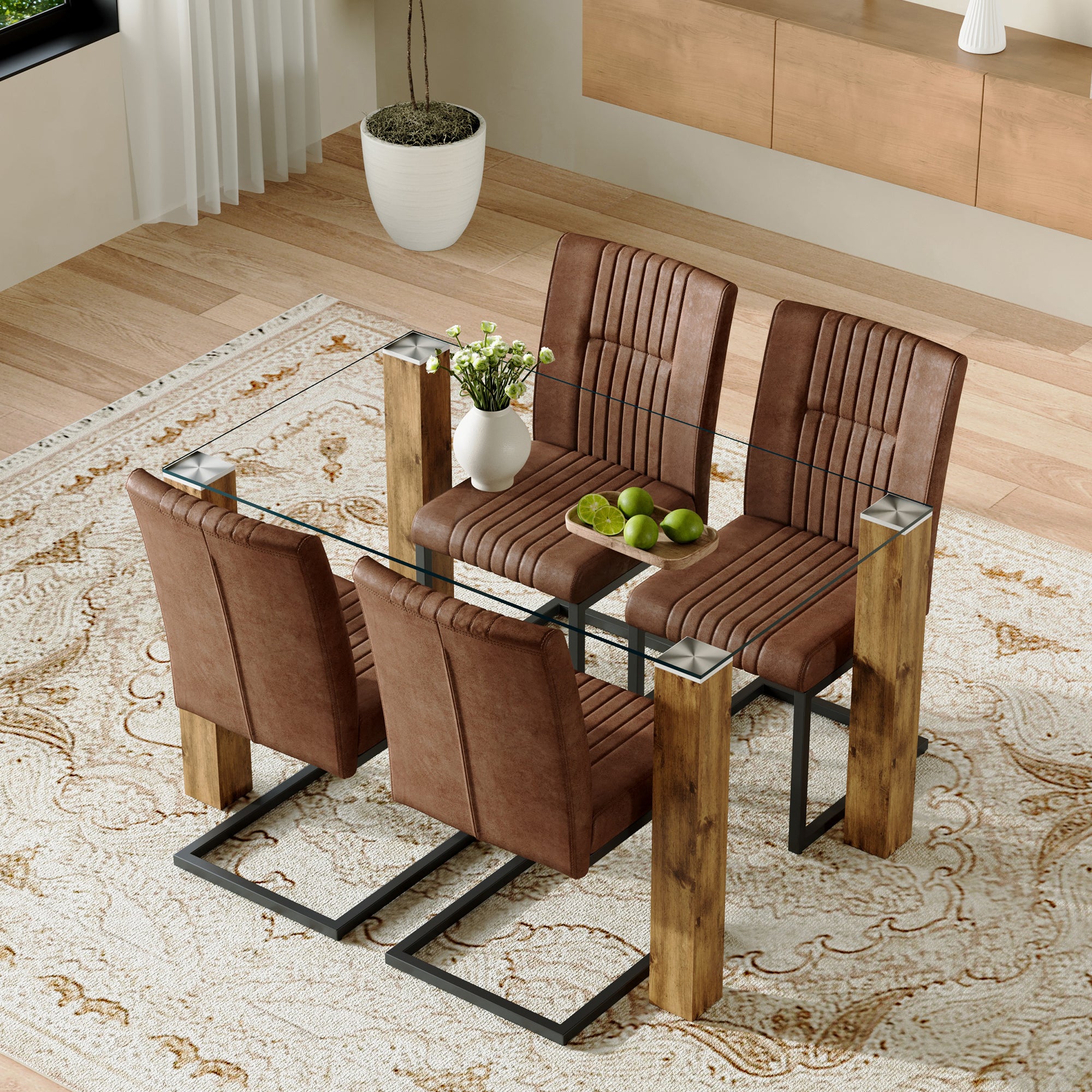 Table and chair set.A 49.6*30 Inch Transparent Tempered Glass Dining Table With Wood Grain MDF Legs.Paired With 4 Ergonomic Brown Technology Fabric Dining Chairs,Black Metal Legs.
