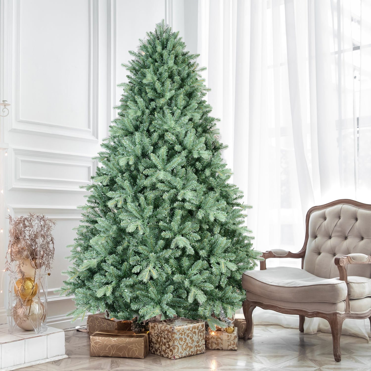4FT Blue-Green Tint Christmas Tree with 592 PE+PVC Tips – Unique Full-Bodied Tree with Hinged Branches, Easy Assembly, Stable Metal Stand, Eye-Catching Holiday Decor