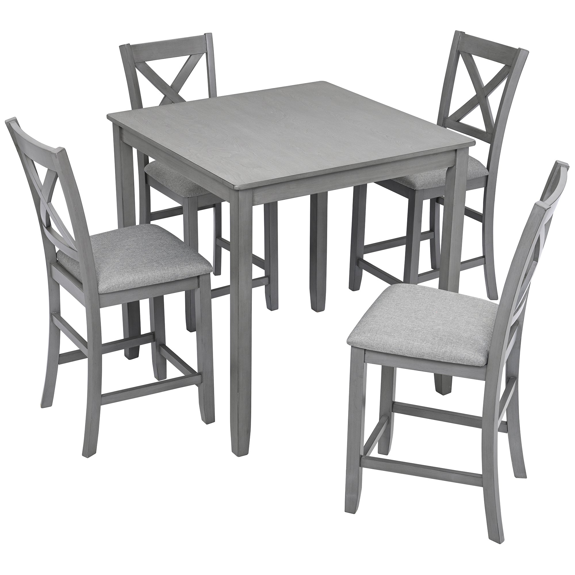 5 Piece Dining Table Set, Wooden Dining Square Table Set for 4, Counter Height Kitchen Table Set with Square Table and 4 Upholstered Chairs for Small Space, Gray