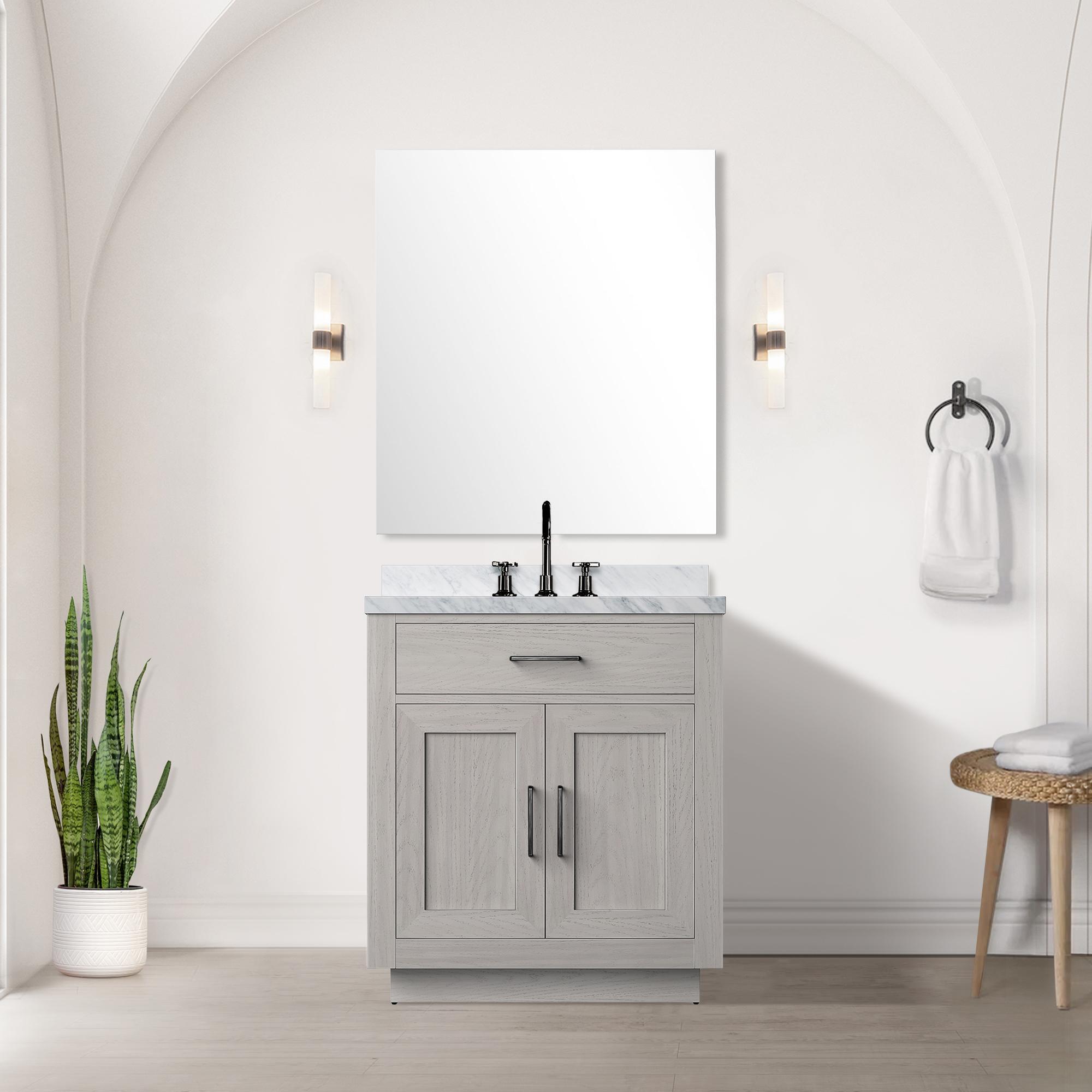 White Oak Single Bath Vanity 30 in. W x 22 in. D, Carrara Marble Top, and Faucet Set
