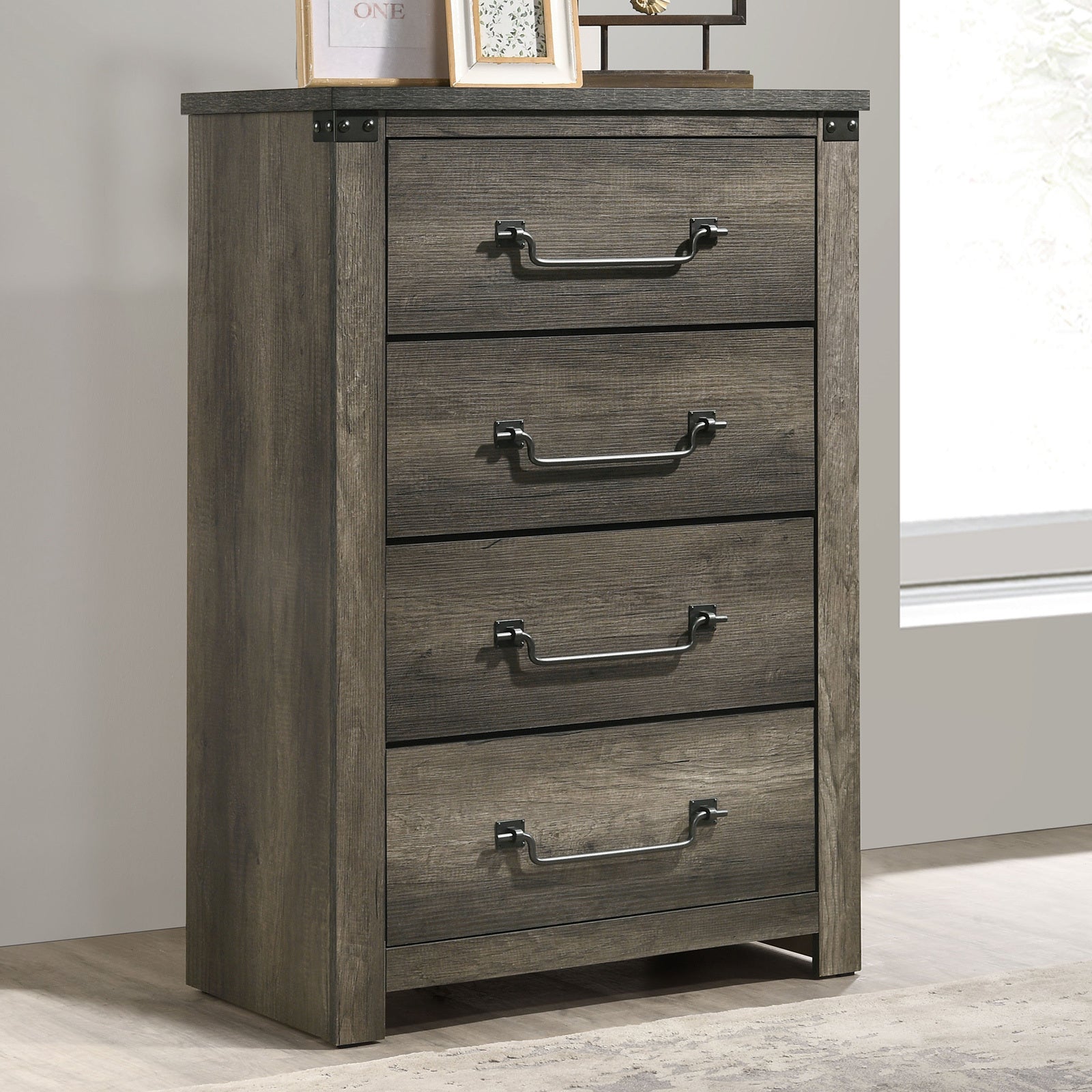 Rustic Style Farmhouse Look 1pc Chest Drop Handles Antique Brass Color Four English Dovetail Drawers Center Metal Glides Rustic Gray Finish