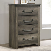 Rustic Style Farmhouse Look 1pc Chest Drop Handles Antique Brass Color Four English Dovetail Drawers Center Metal Glides Rustic Gray Finish